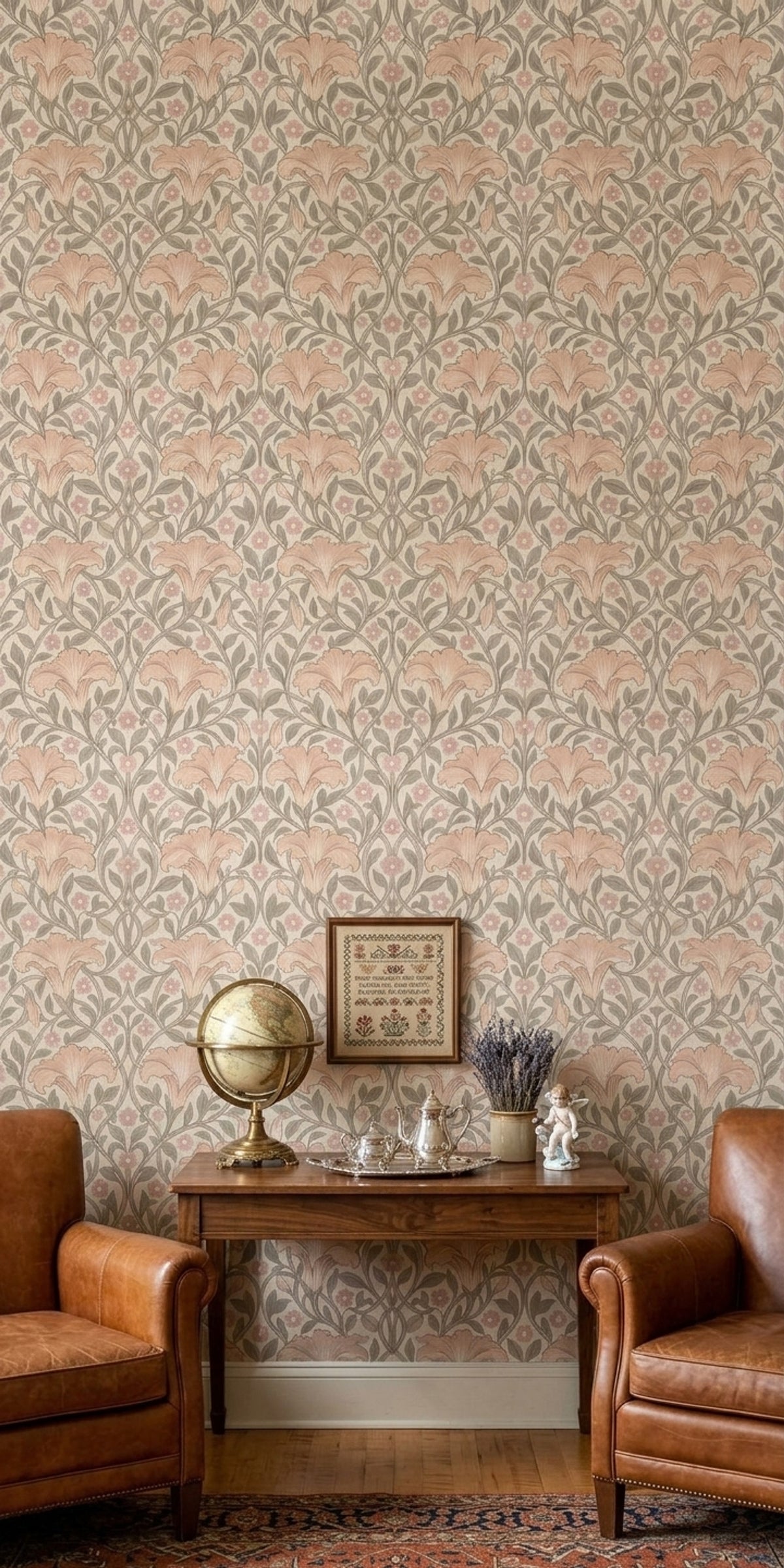 Art Nouveau Lily Floral Wallpaper Sage And Peach On Cream