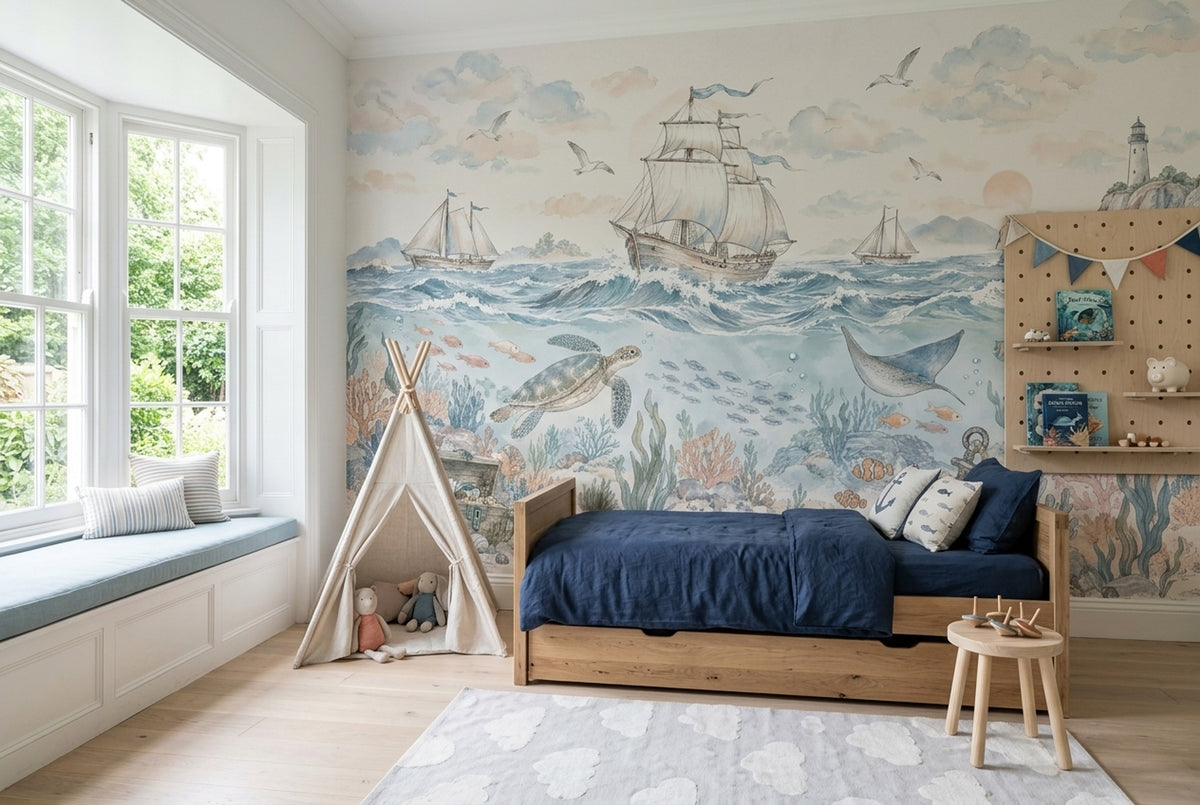 Watercolor Ocean Ships Wallpaper Coastal Underwater Wall Mural