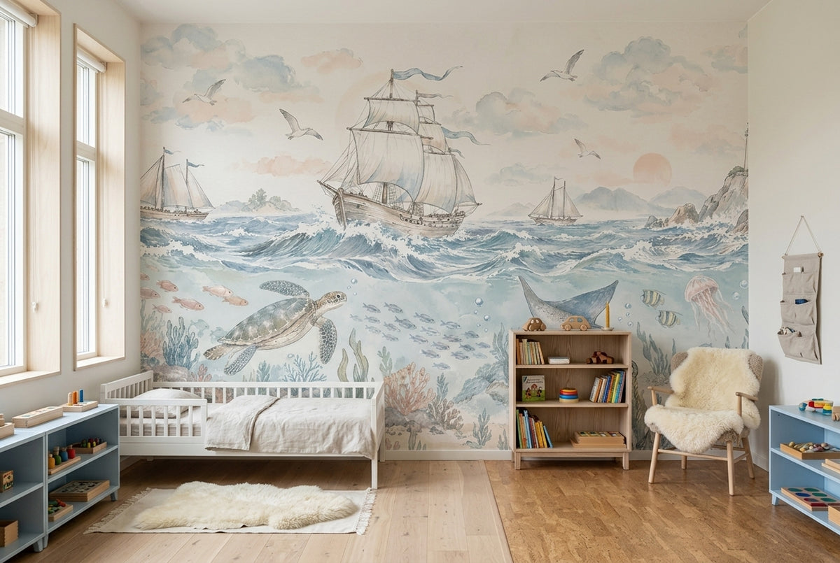 Watercolor Ocean Ships Wallpaper Coastal Underwater Wall Mural