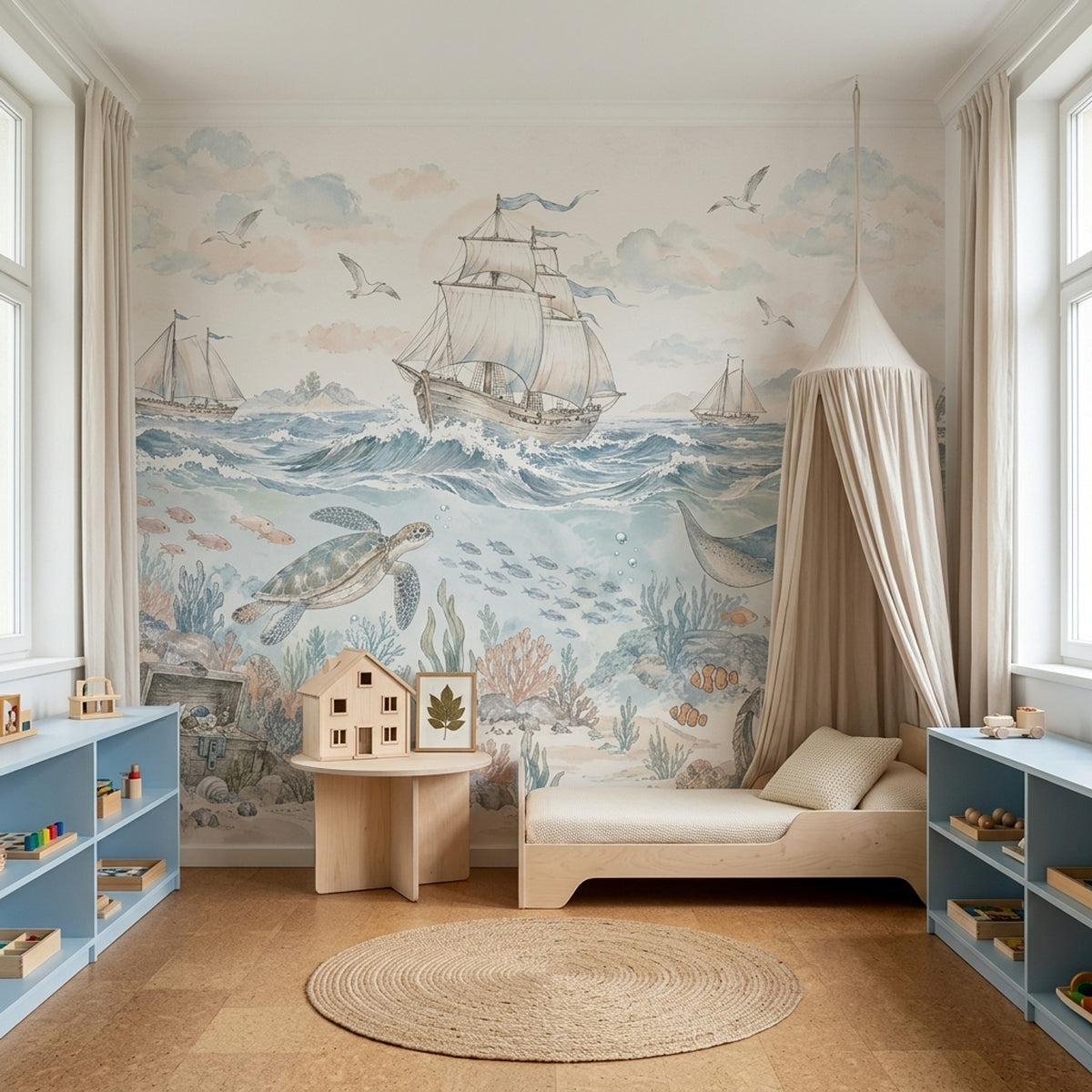 Watercolor Ocean Ships Wallpaper Coastal Underwater Wall Mural