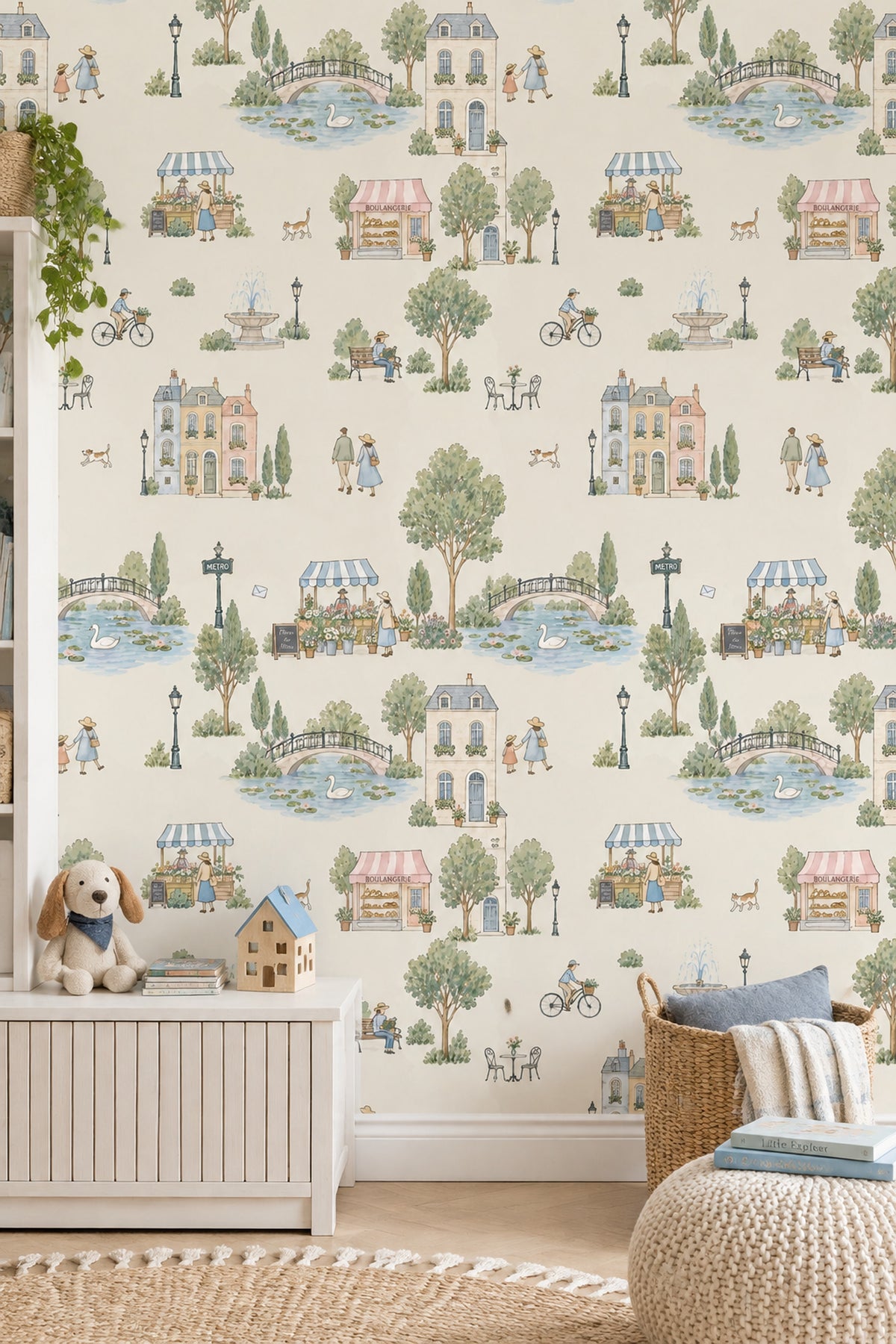 Parisian Street Scene Wallpaper Watercolor Cream Background