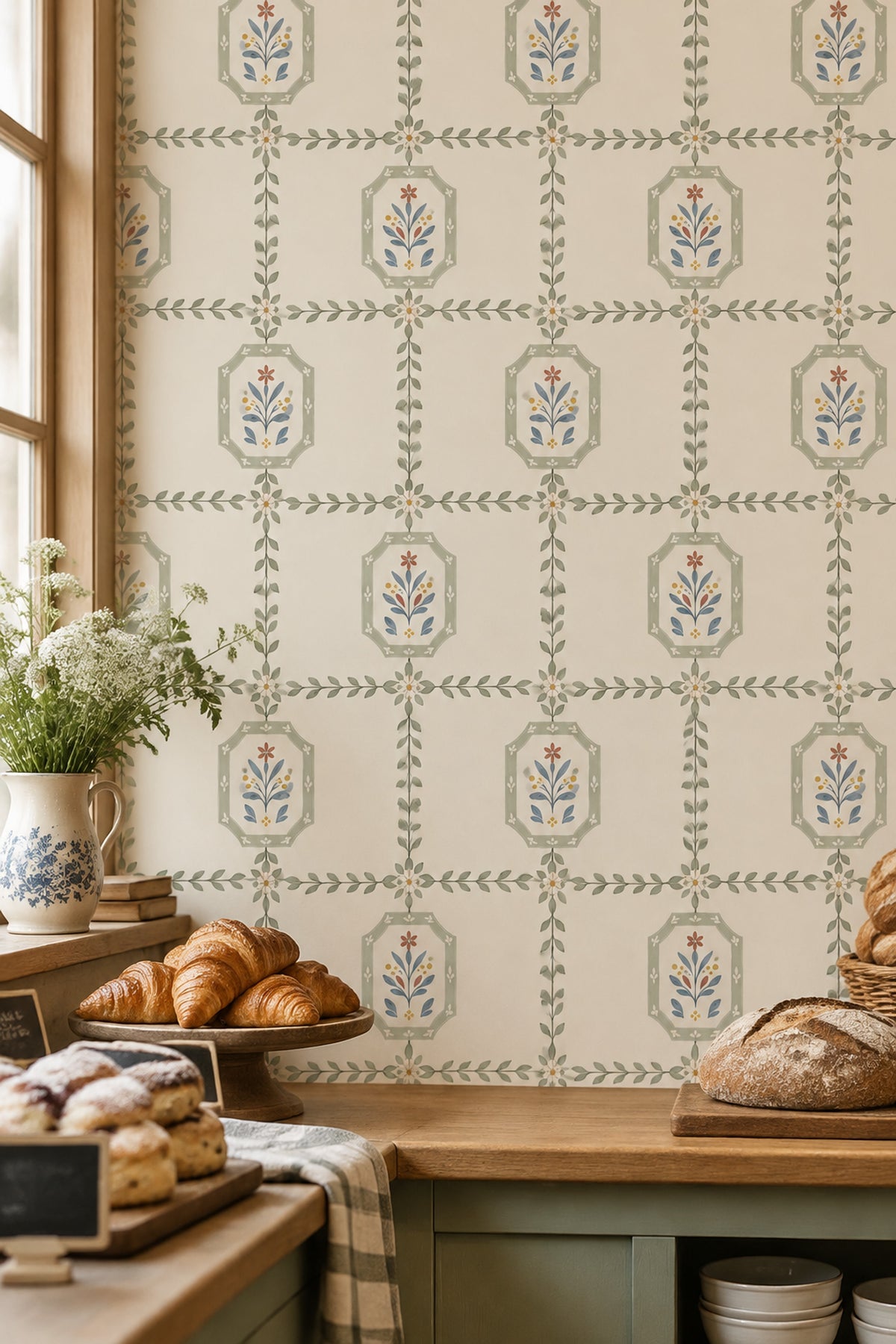 Floral Trellis Wallpaper Cream Background Folk