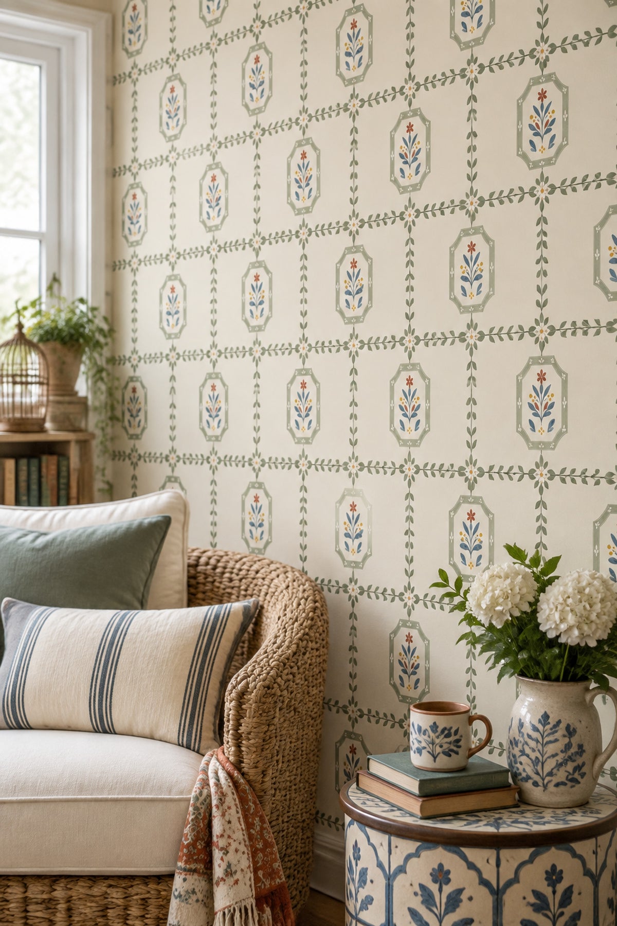 Floral Trellis Wallpaper Cream Background Folk