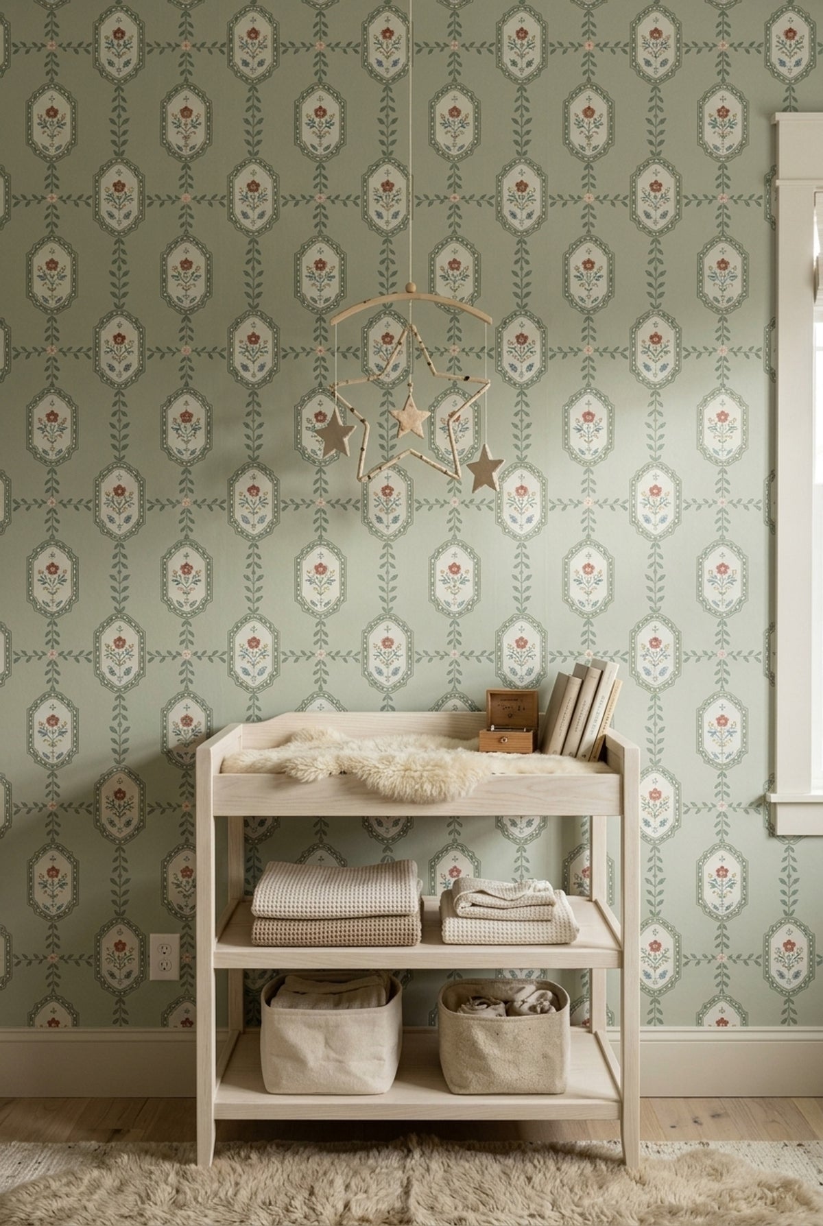 Floral Frame Wallpaper Muted Green Vintage Stripe