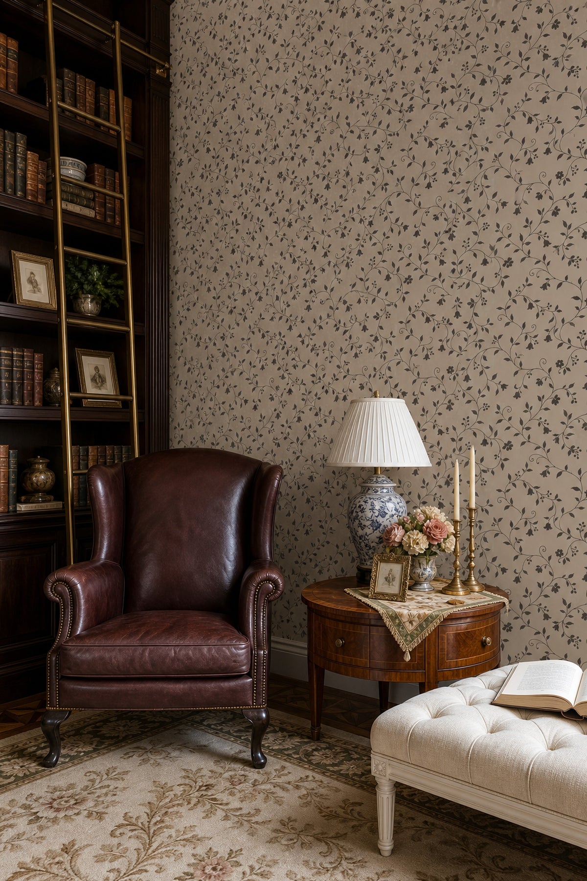Vine Scroll Floral Wallpaper Dark Beige And Brown Pattern