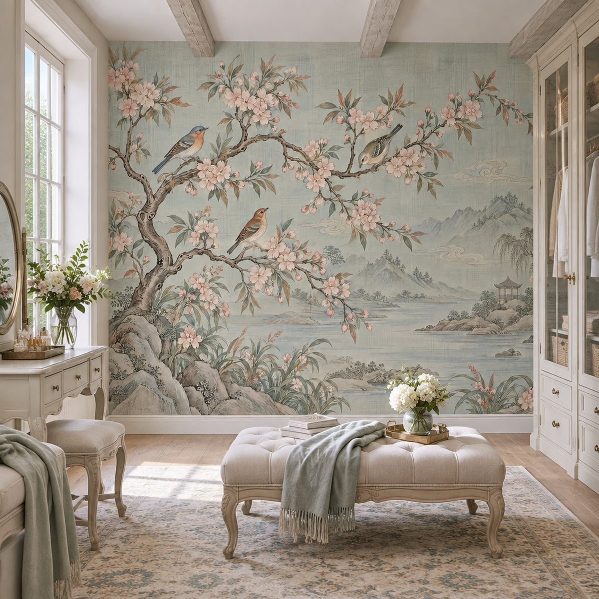Chinoiserie Blossom Landscape Wallpaper Muted Green Wall Mural