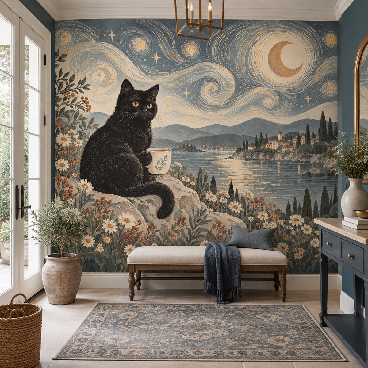 Black Cat Night Seascape Wallpaper Muted Green Wall Mural