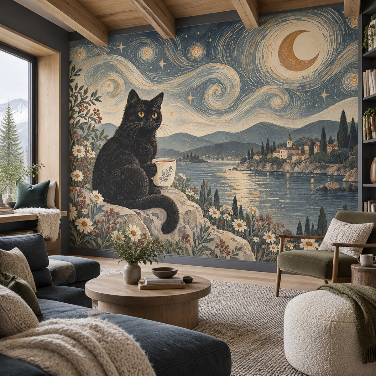 Black Cat Night Seascape Wallpaper Muted Green Wall Mural