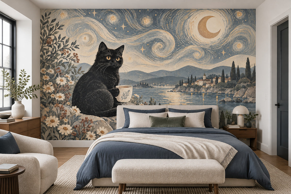 Black Cat Night Seascape Wallpaper Muted Green Wall Mural