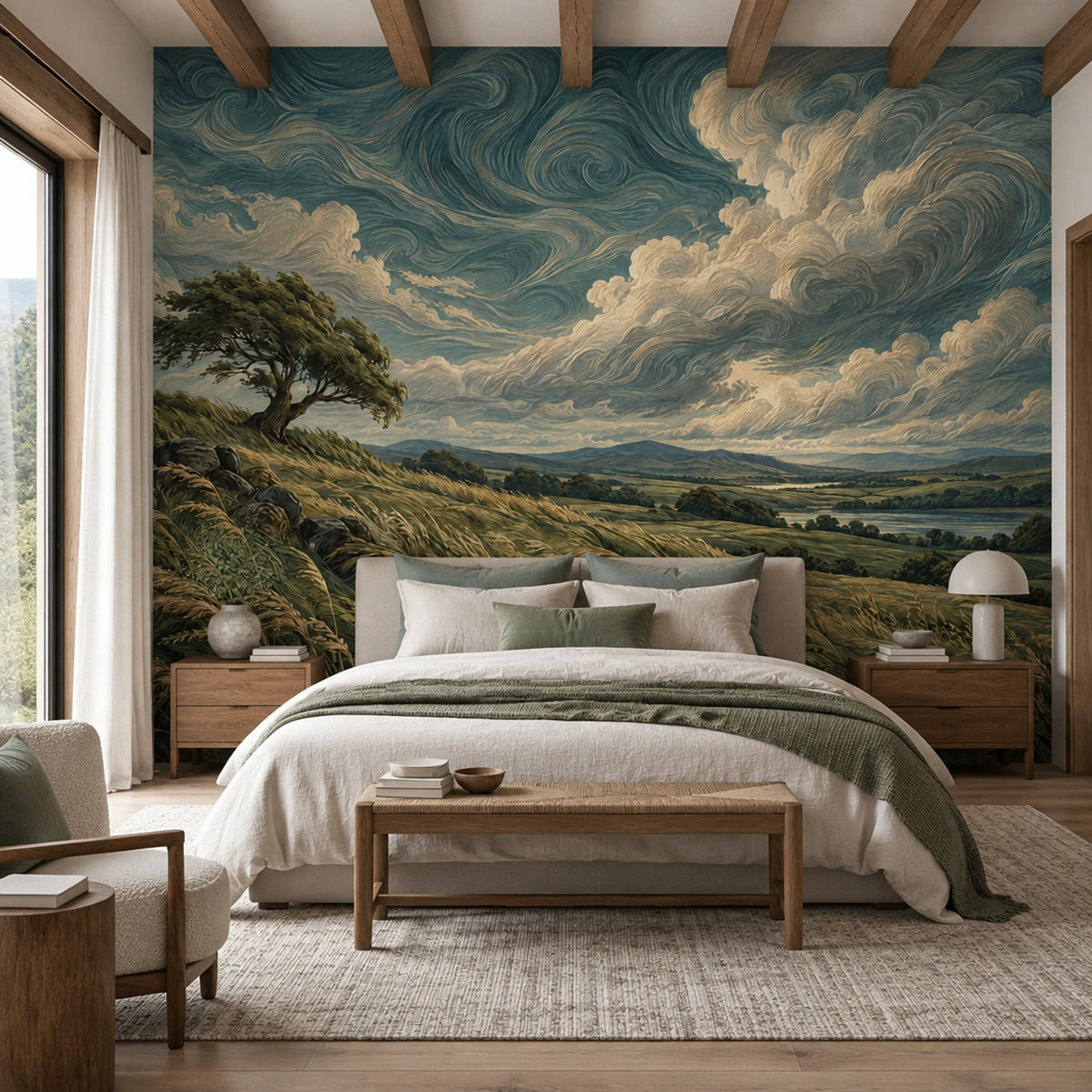 Windswept Countryside Landscape Wallpaper Swirling Sky Wall Mural