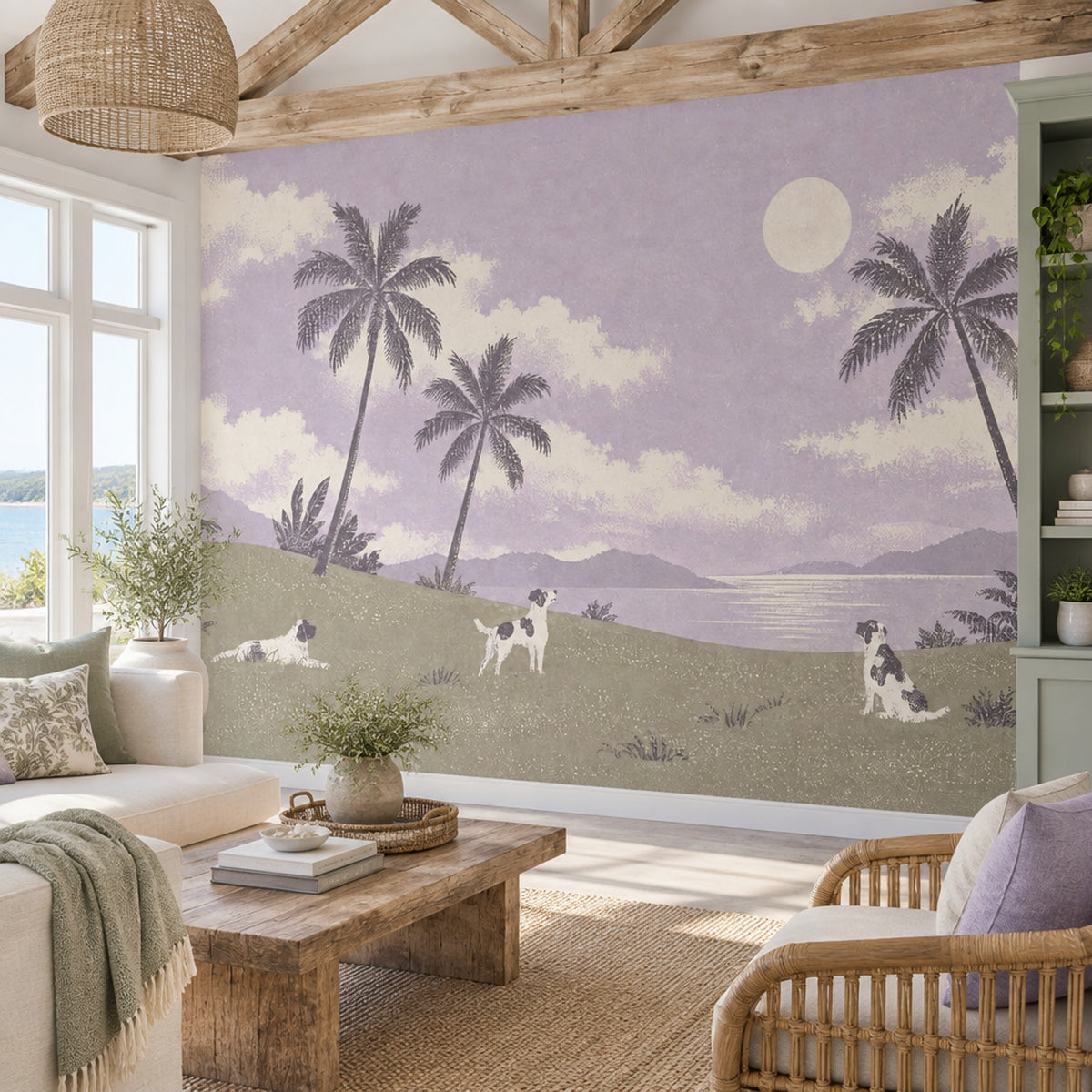 Tropical Landscape Dogs Wallpaper Lavender Sky Wall Mural