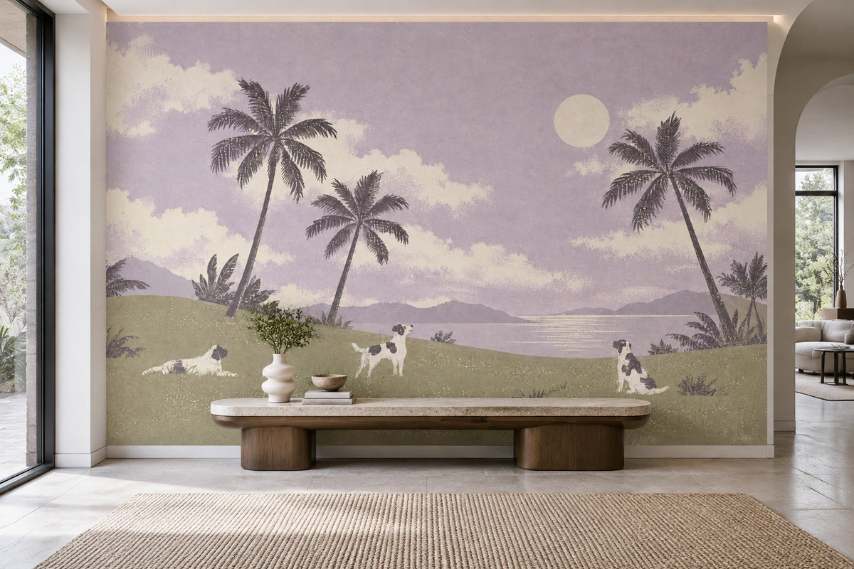 Tropical Landscape Dogs Wallpaper Lavender Sky Wall Mural