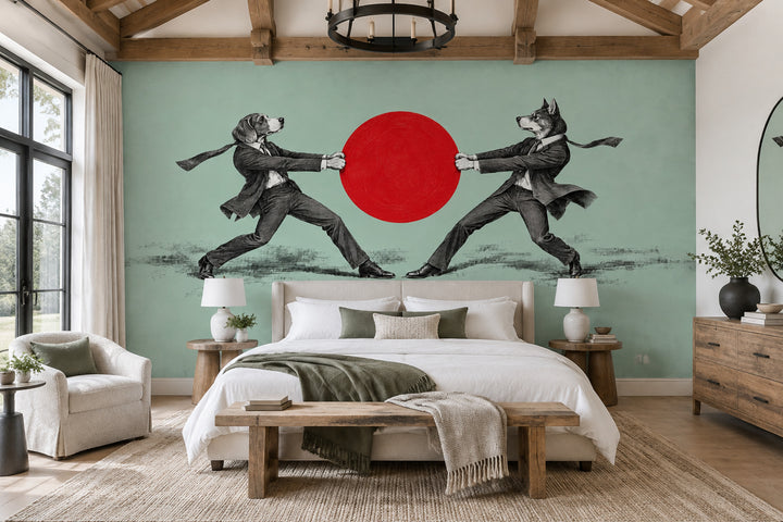 Anthropomorphic Dog Figures Wallpaper Mint Green Red Circle Wall Mural