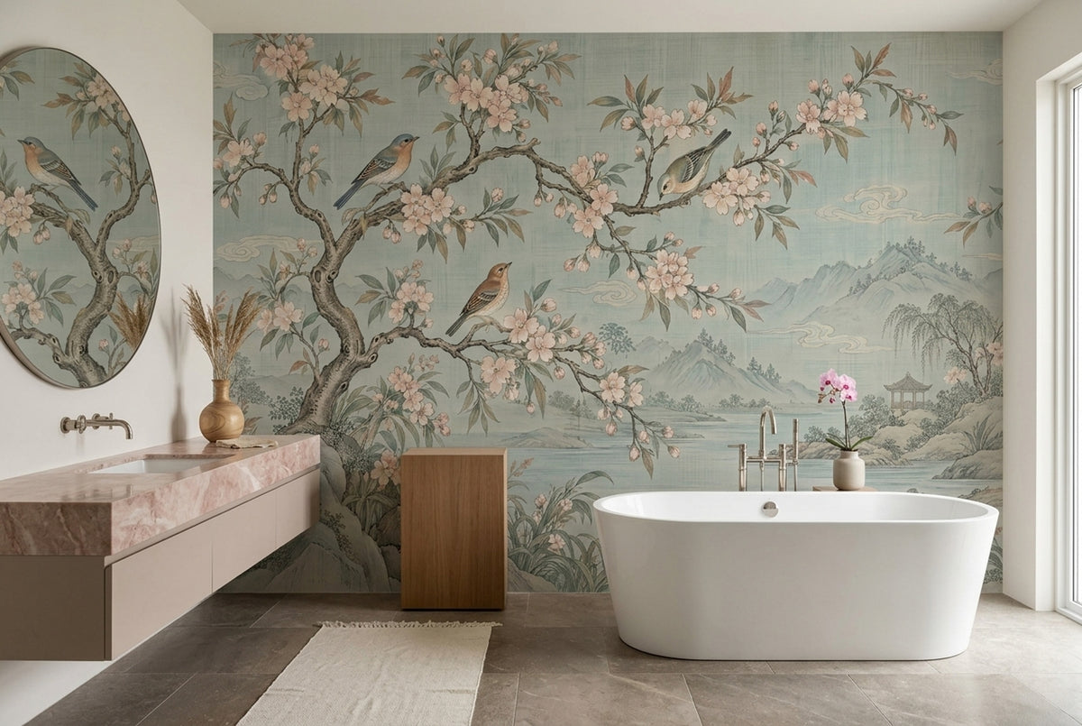 Chinoiserie Blossom Landscape Wallpaper Muted Green Wall Mural