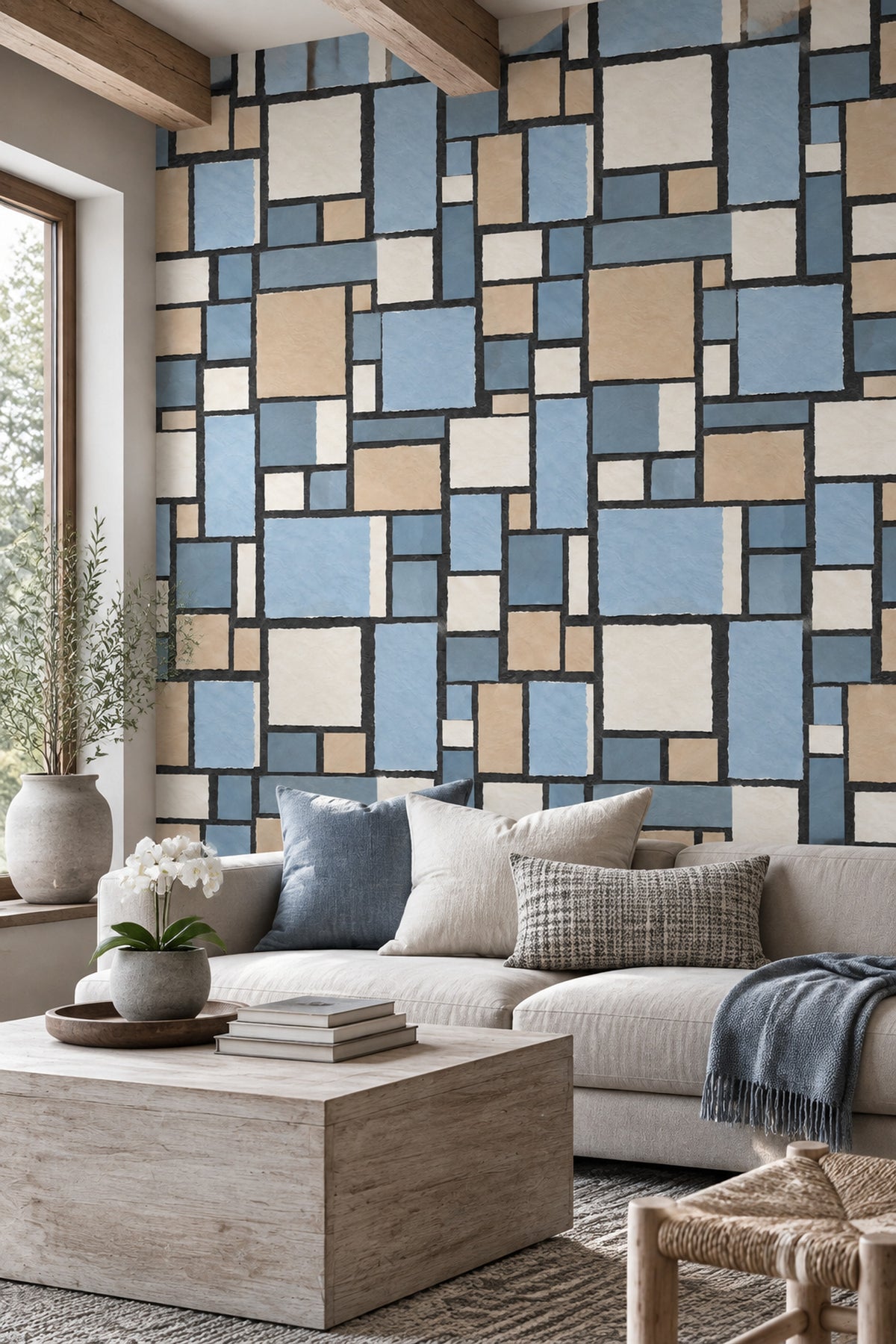 Geometric Block Wallpaper Blue Beige Grid
