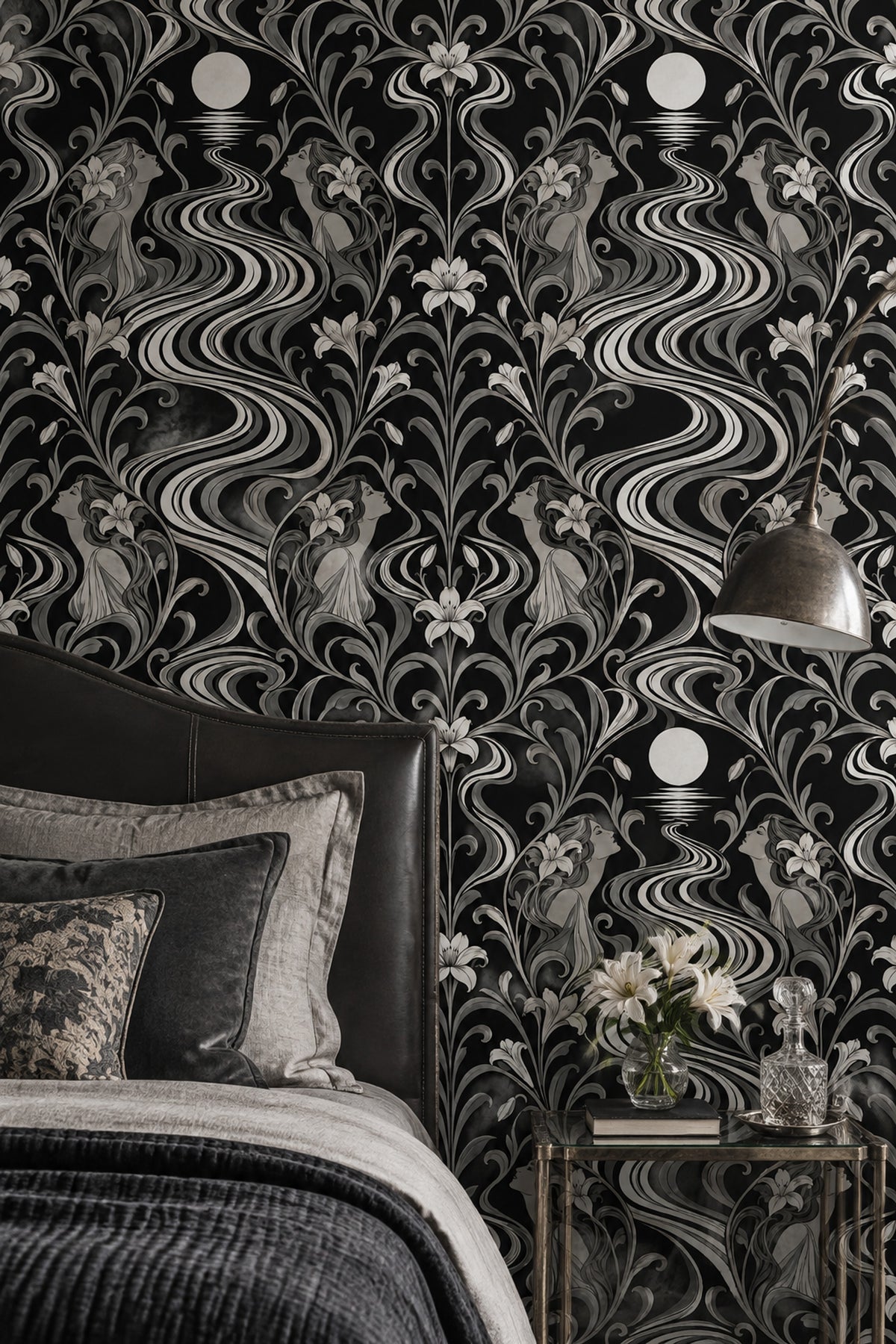 Moonlit River Women Wallpaper Black Silver Art Nouveau Floral