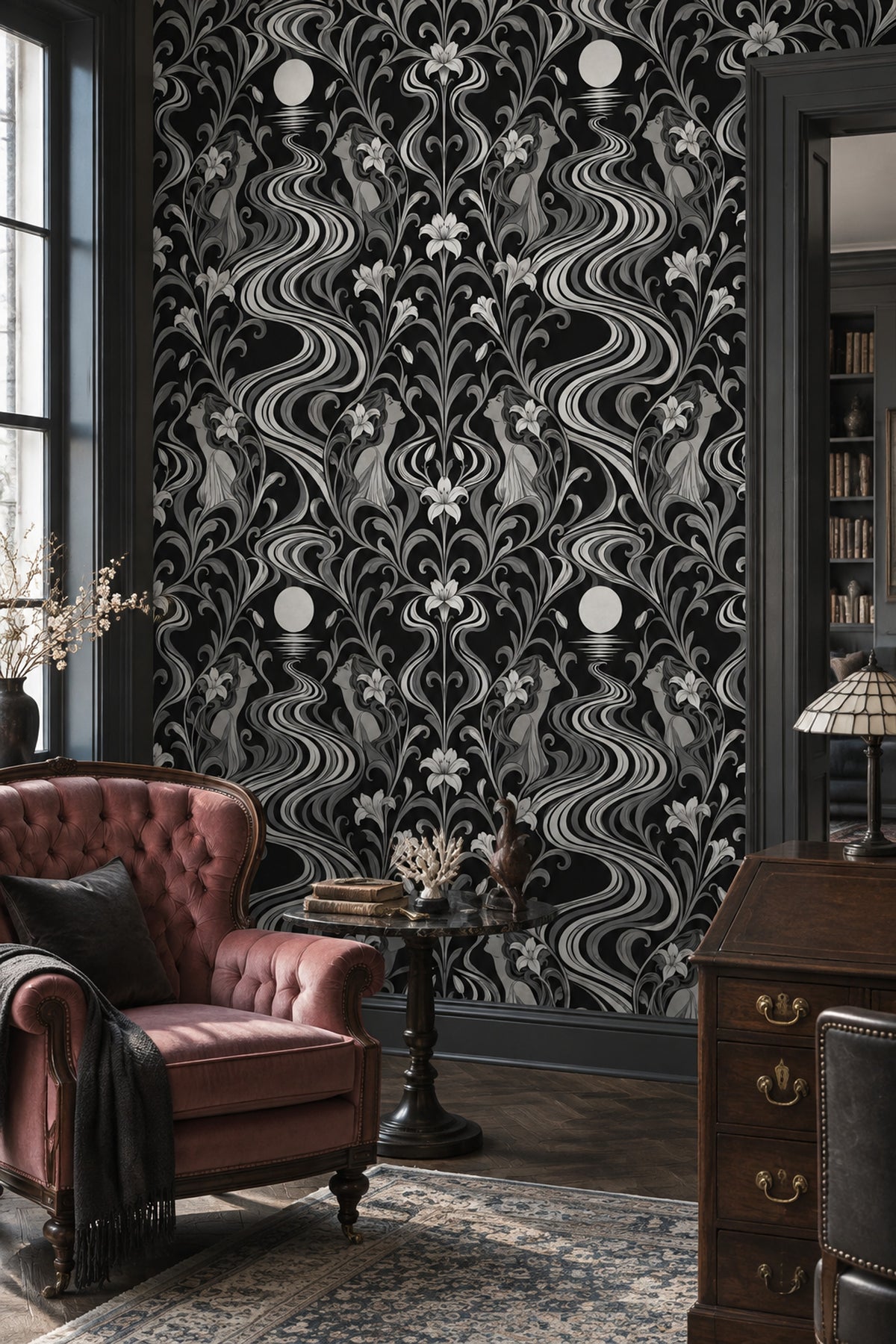 Moonlit River Women Wallpaper Black Silver Art Nouveau Floral