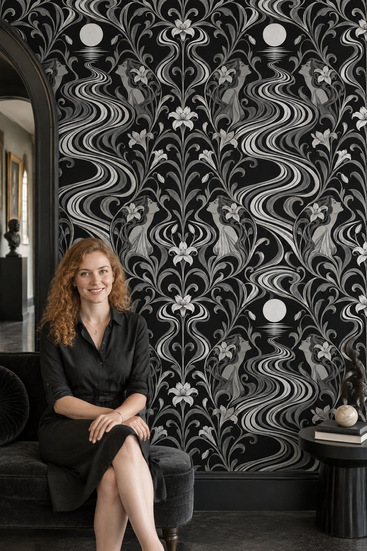 Moonlit River Women Wallpaper Black Silver Art Nouveau Floral