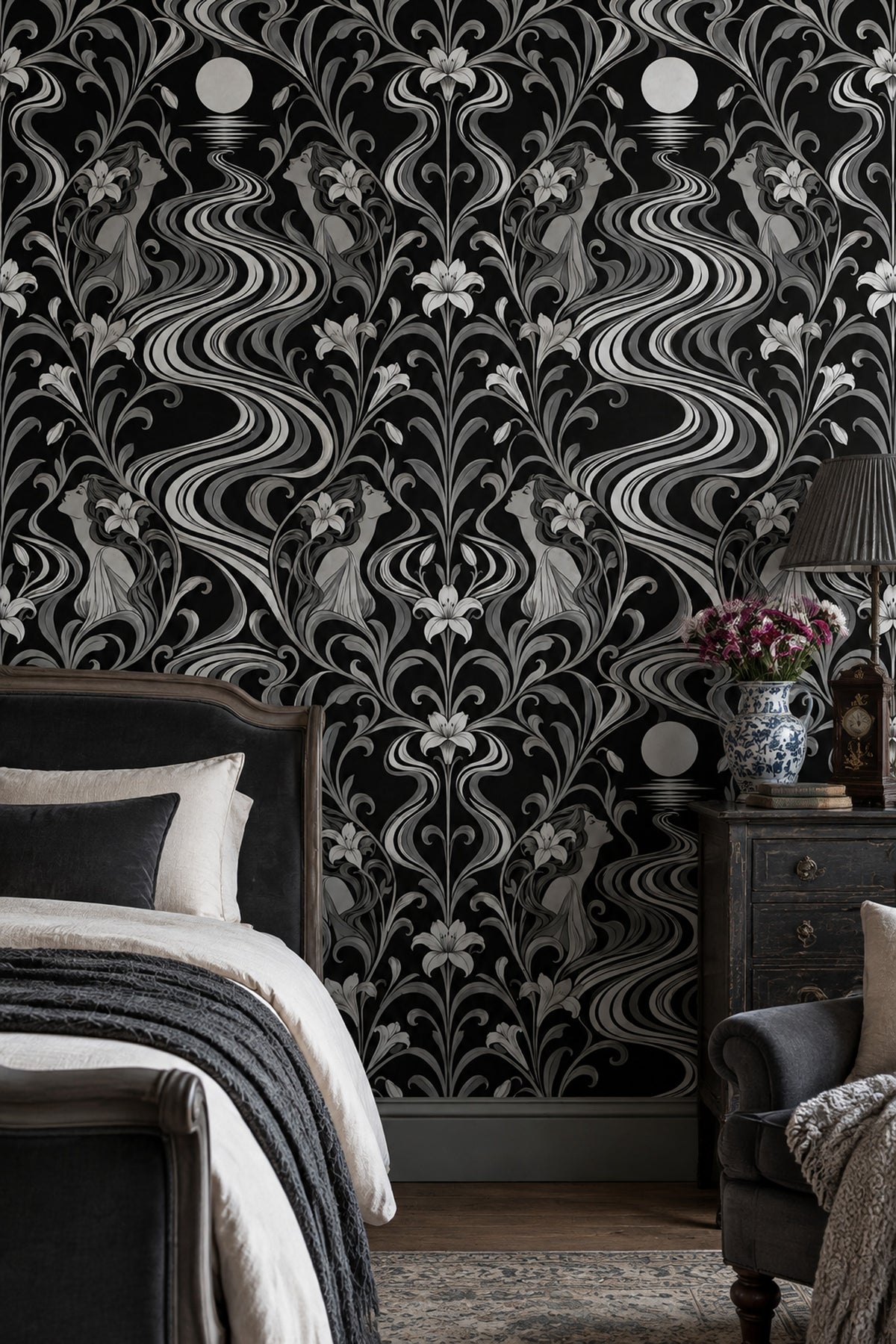 Moonlit River Women Wallpaper Black Silver Art Nouveau Floral