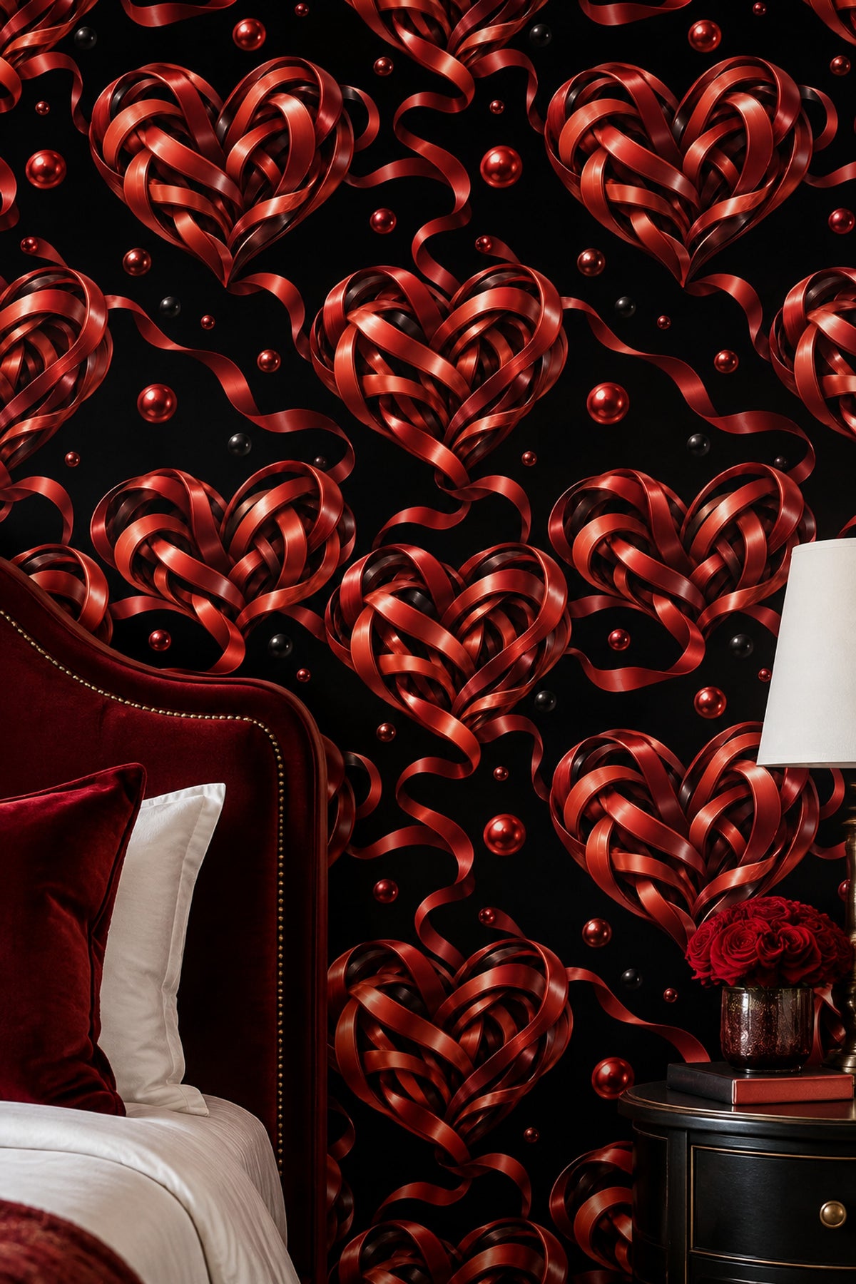 Red Woven Heart Ribbon Wallpaper Black Background
