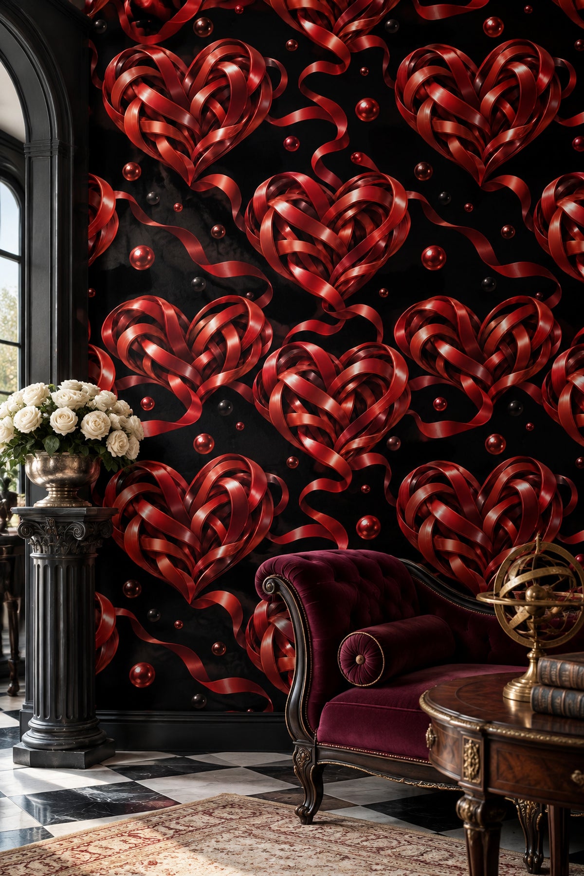 Red Woven Heart Ribbon Wallpaper Black Background