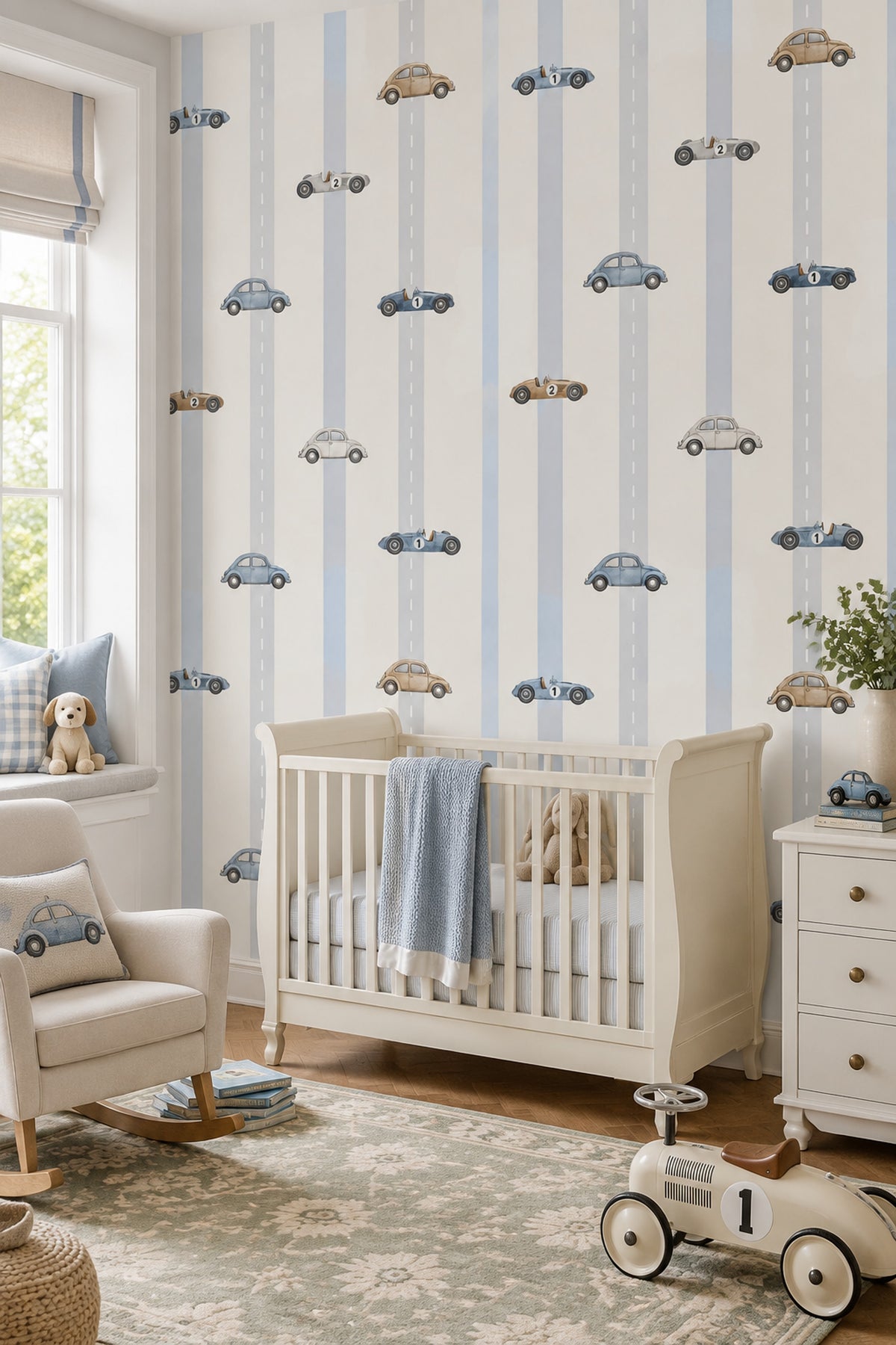 Vintage Cars Wallpaper Road Lane Stripes In Cream And Light Blue