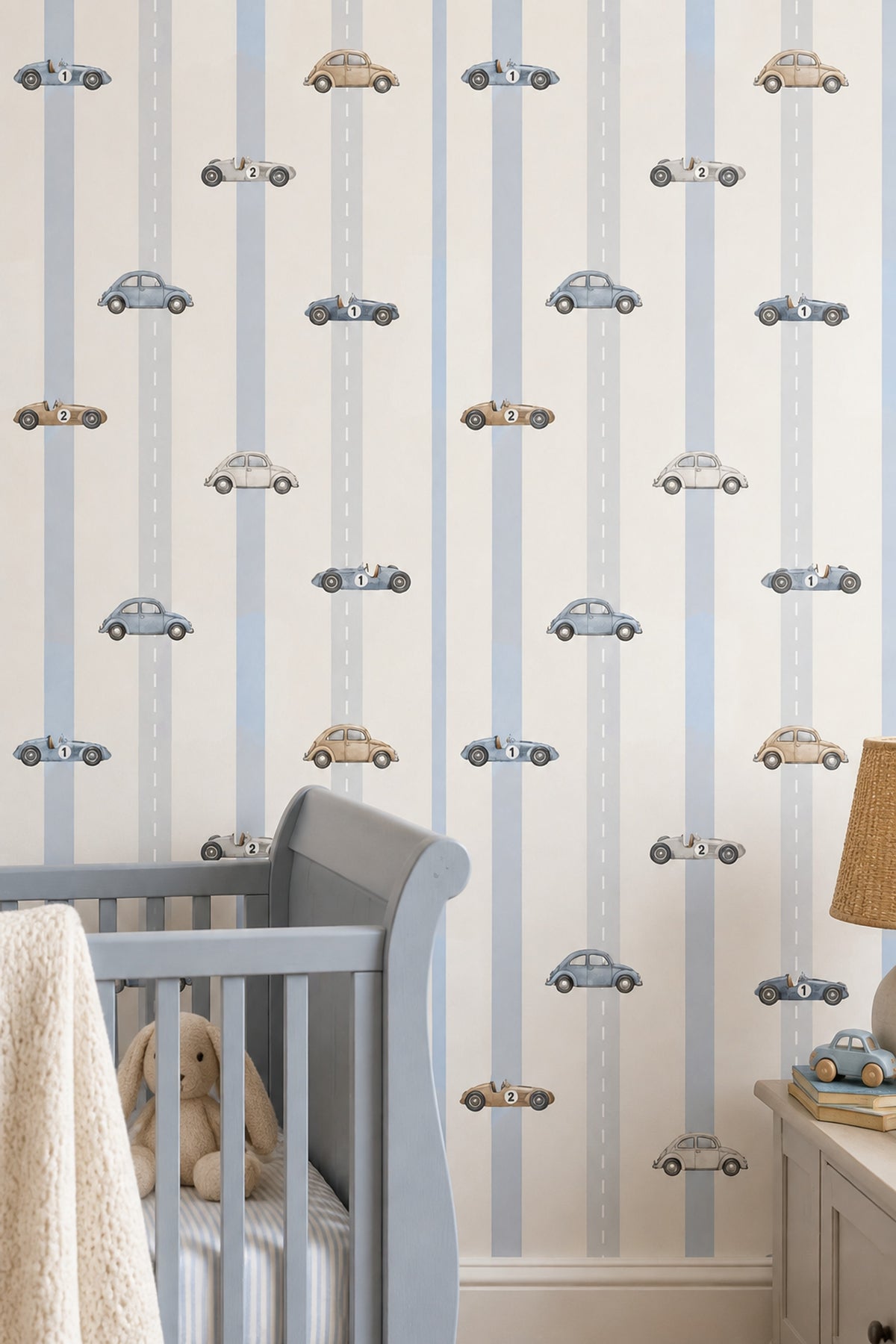 Vintage Cars Wallpaper Road Lane Stripes In Cream And Light Blue