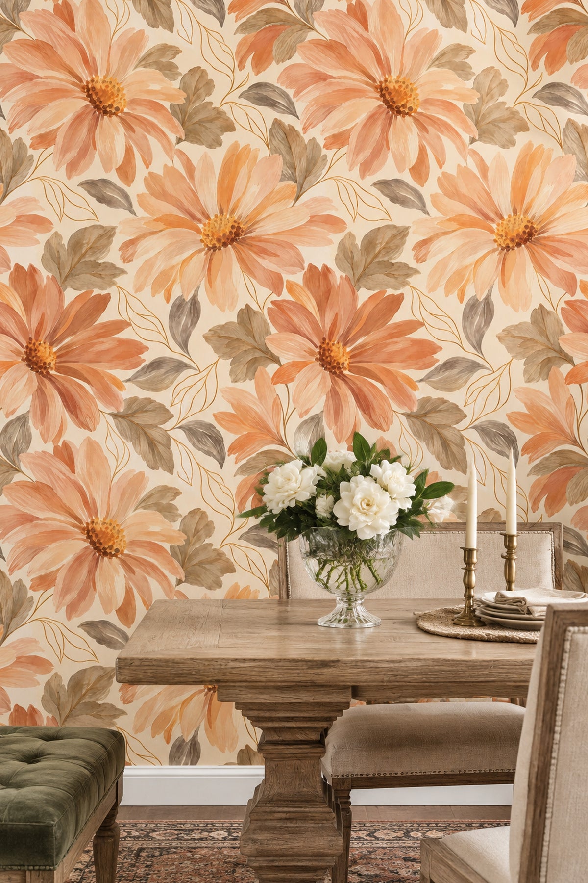 Daisy Flowers Wallpaper Peach Orange Watercolor Floral