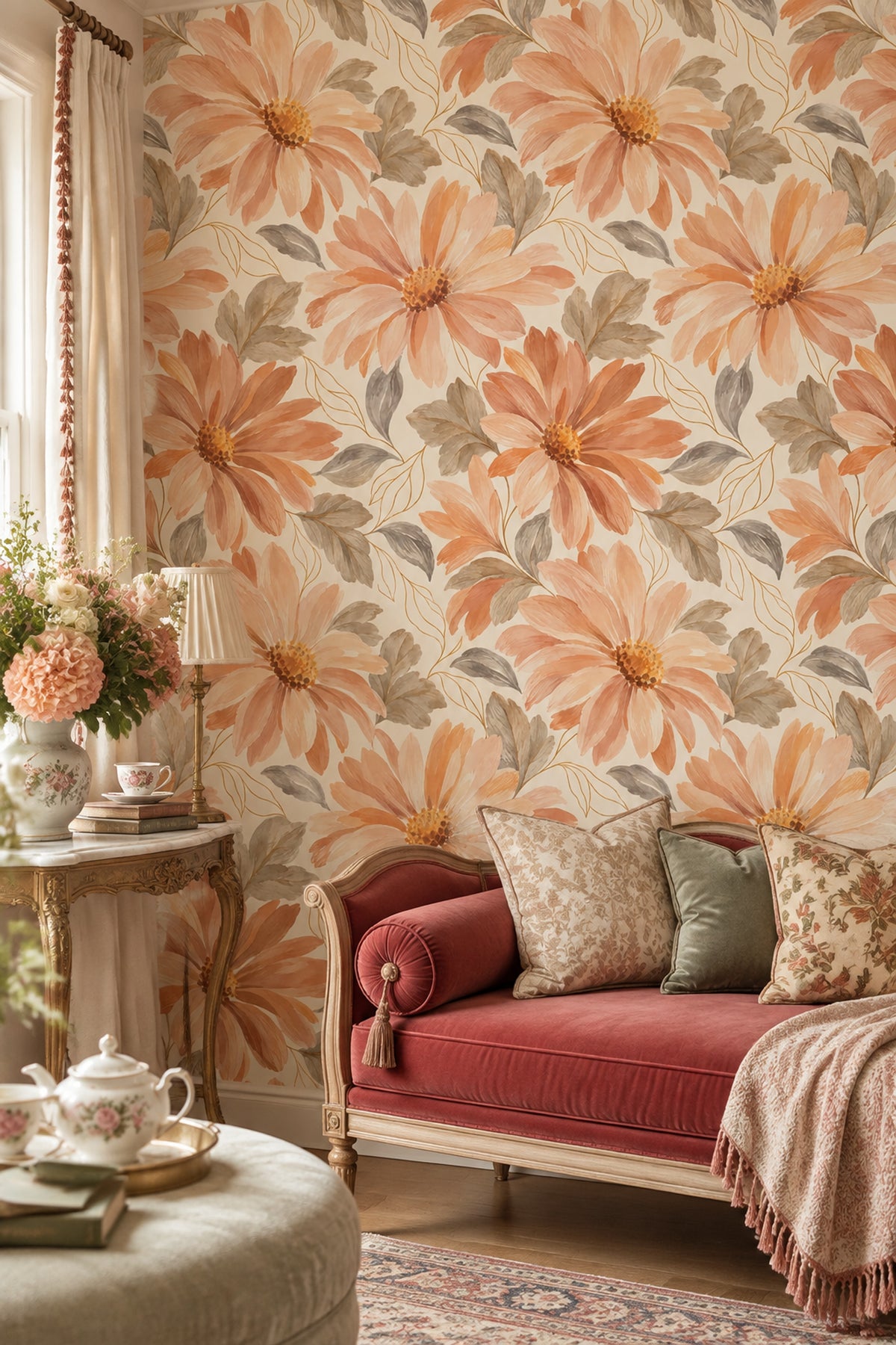 Daisy Flowers Wallpaper Peach Orange Watercolor Floral