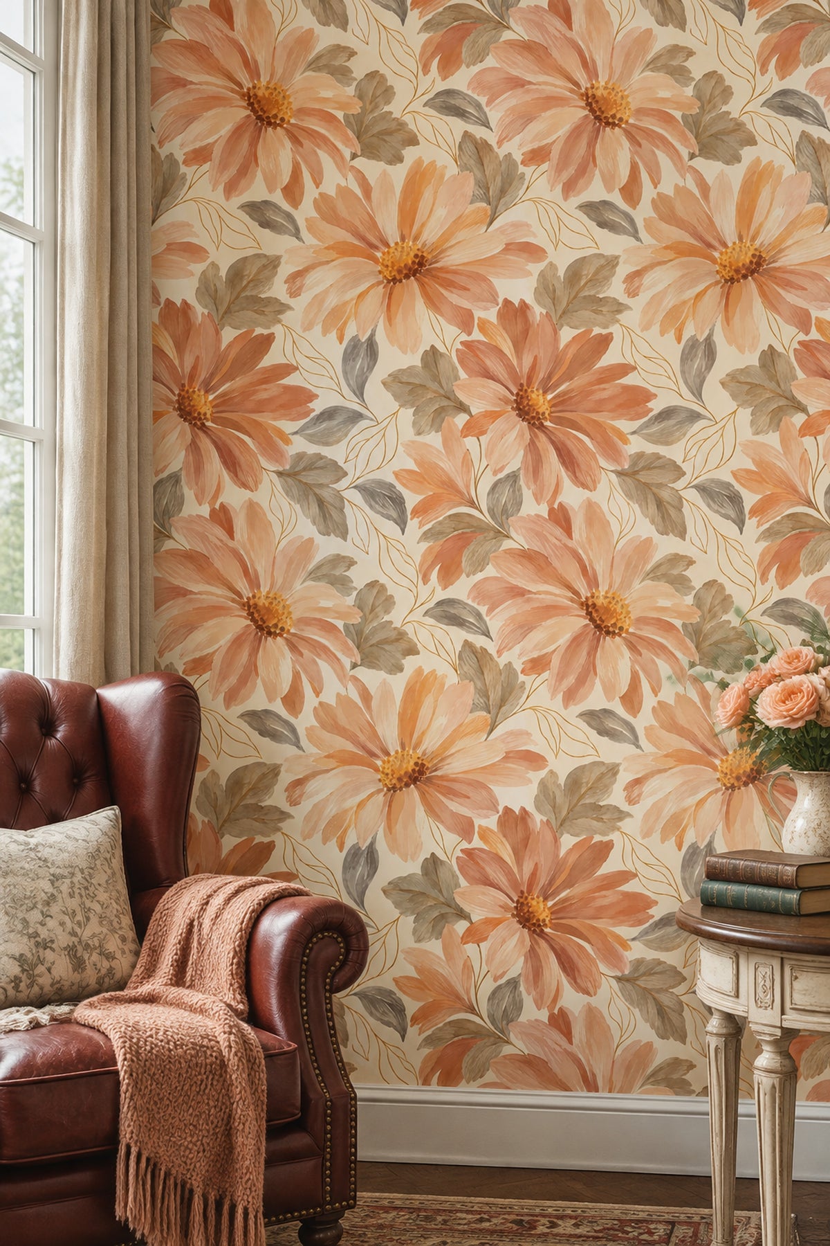 Daisy Flowers Wallpaper Peach Orange Watercolor Floral