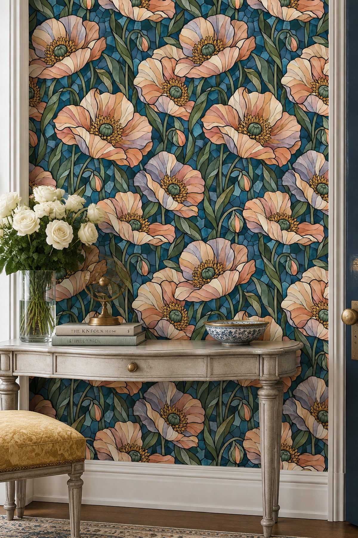 Stained Glass Floral Wallpaper Muted Green Dark Blue Mosaic