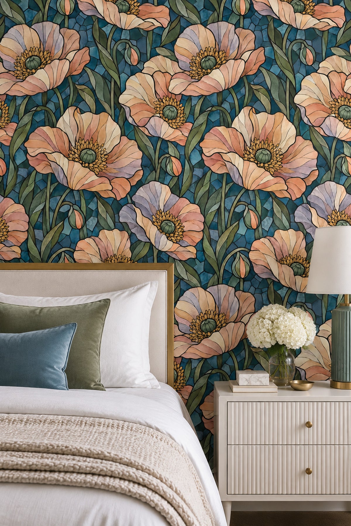 Stained Glass Floral Wallpaper Muted Green Dark Blue Mosaic