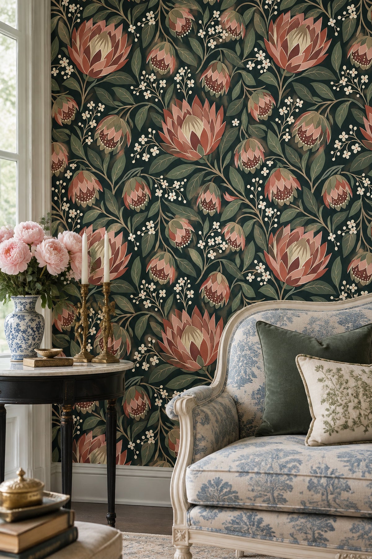 Large Floral Wallpaper Dark Teal Background