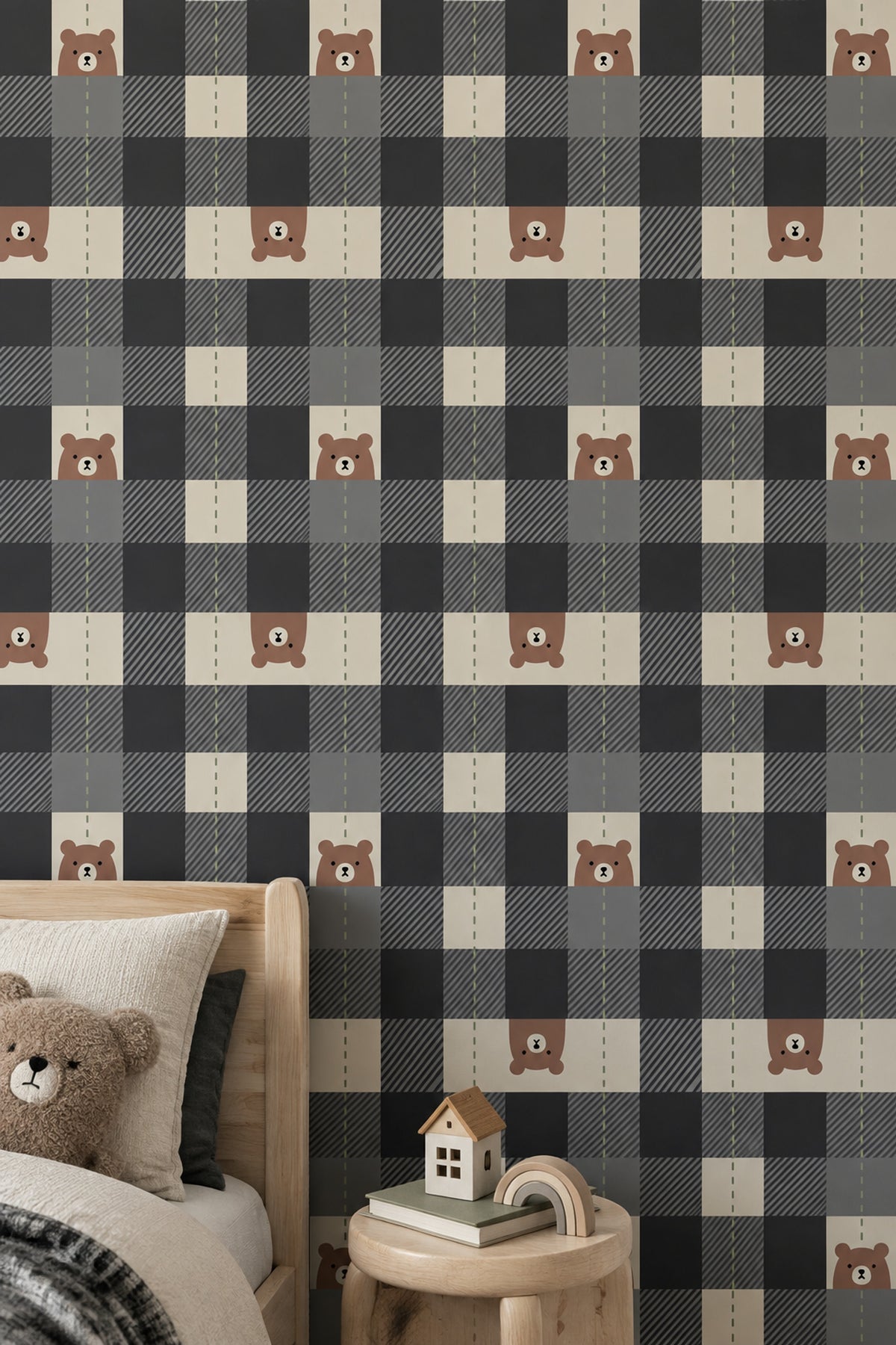 Bear Face Wallpaper Muted Green Checkered Blocks