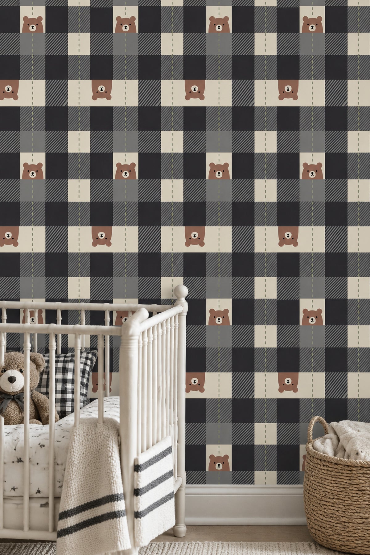 Bear Face Wallpaper Muted Green Checkered Blocks