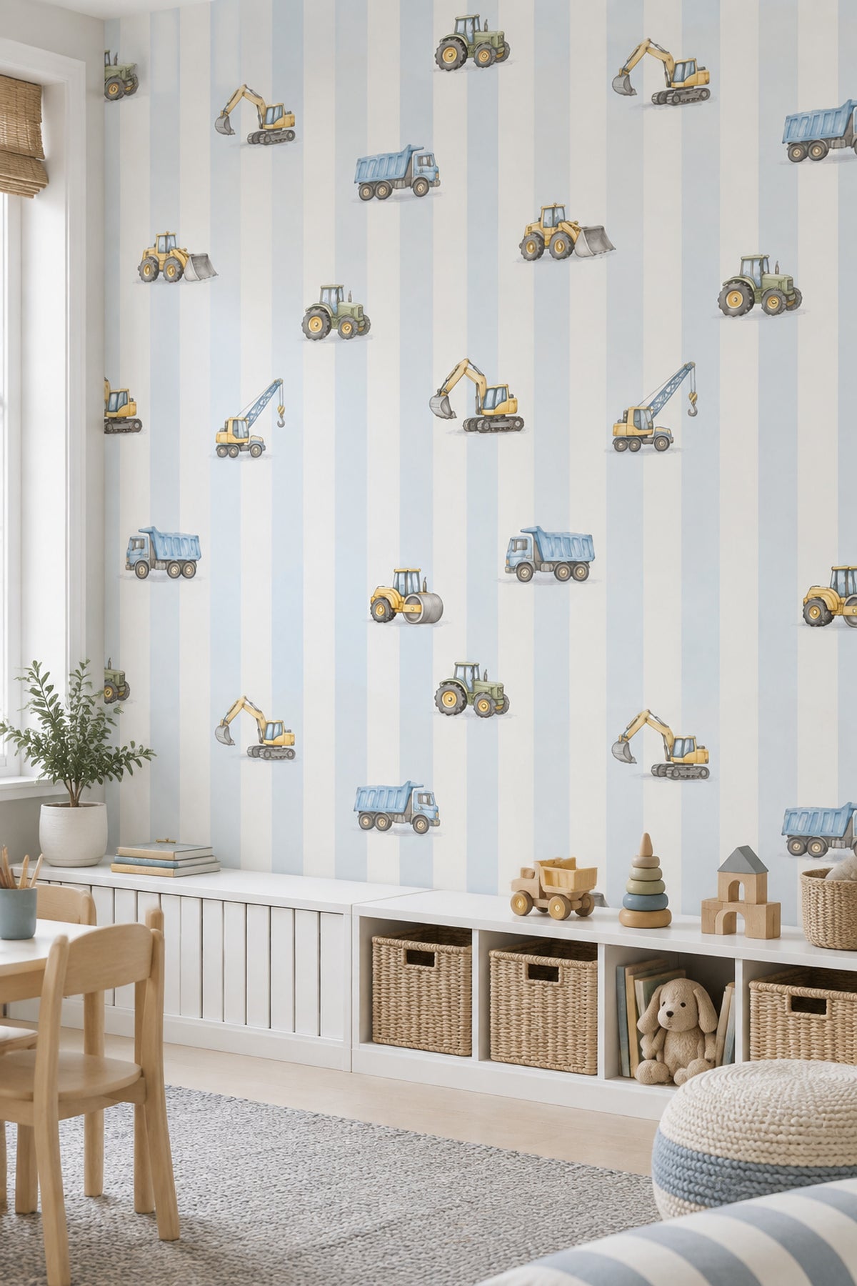 Construction Vehicles Wallpaper Watercolor Striped Pattern