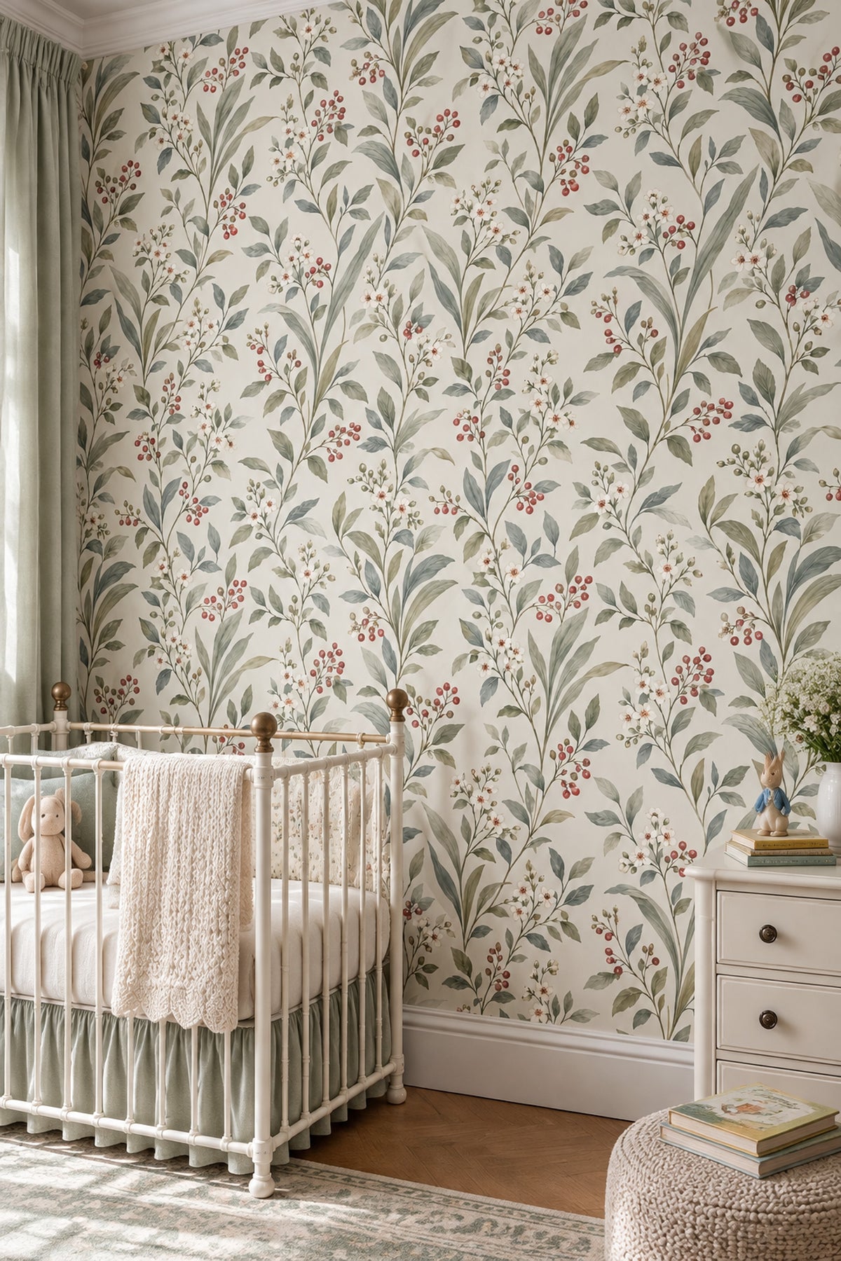 Botanical Vines Wallpaper White Flowers Red Berries Ivory Background