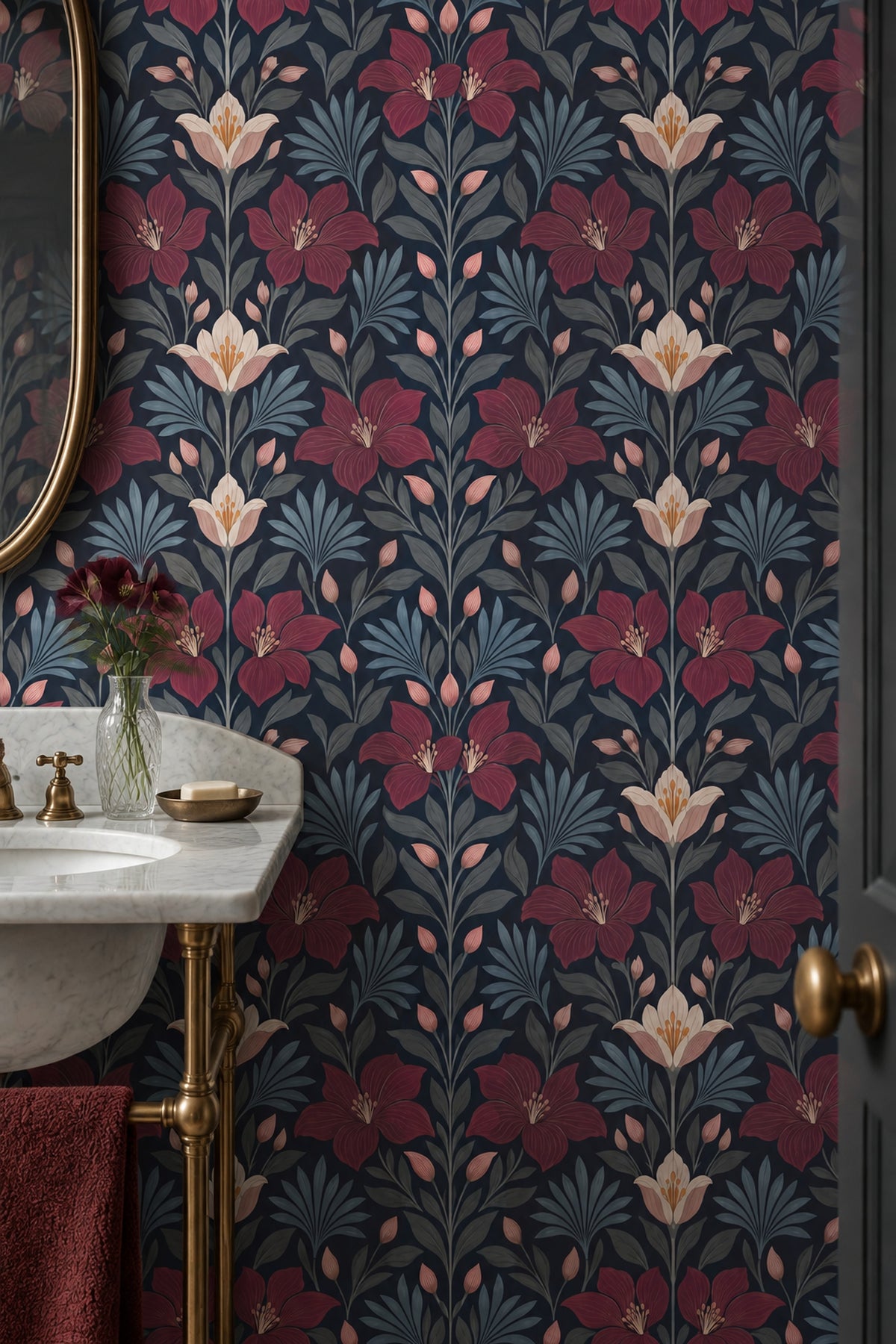 Large Floral Wallpaper Dark Navy Botanical Pattern