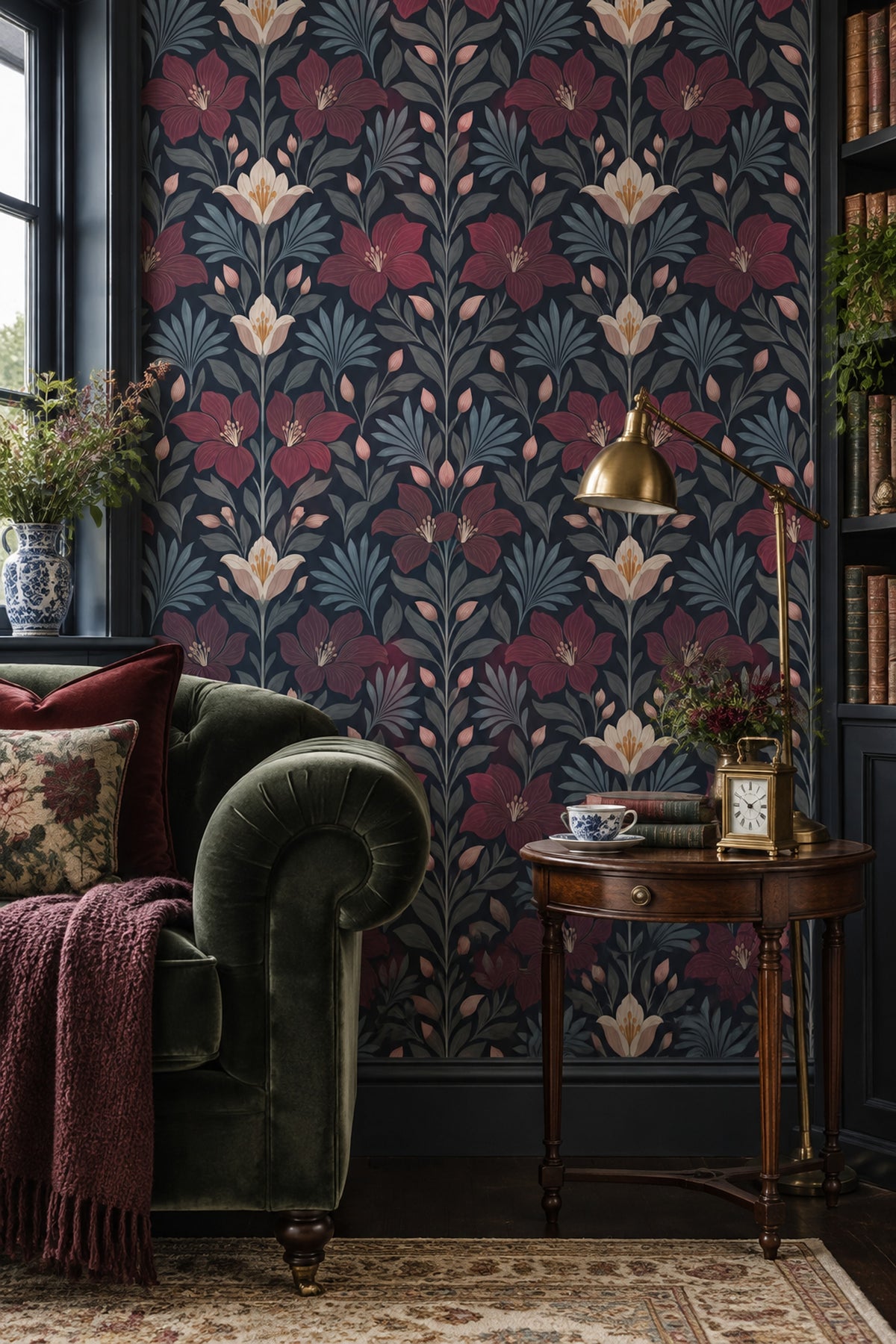 Large Floral Wallpaper Dark Navy Botanical Pattern