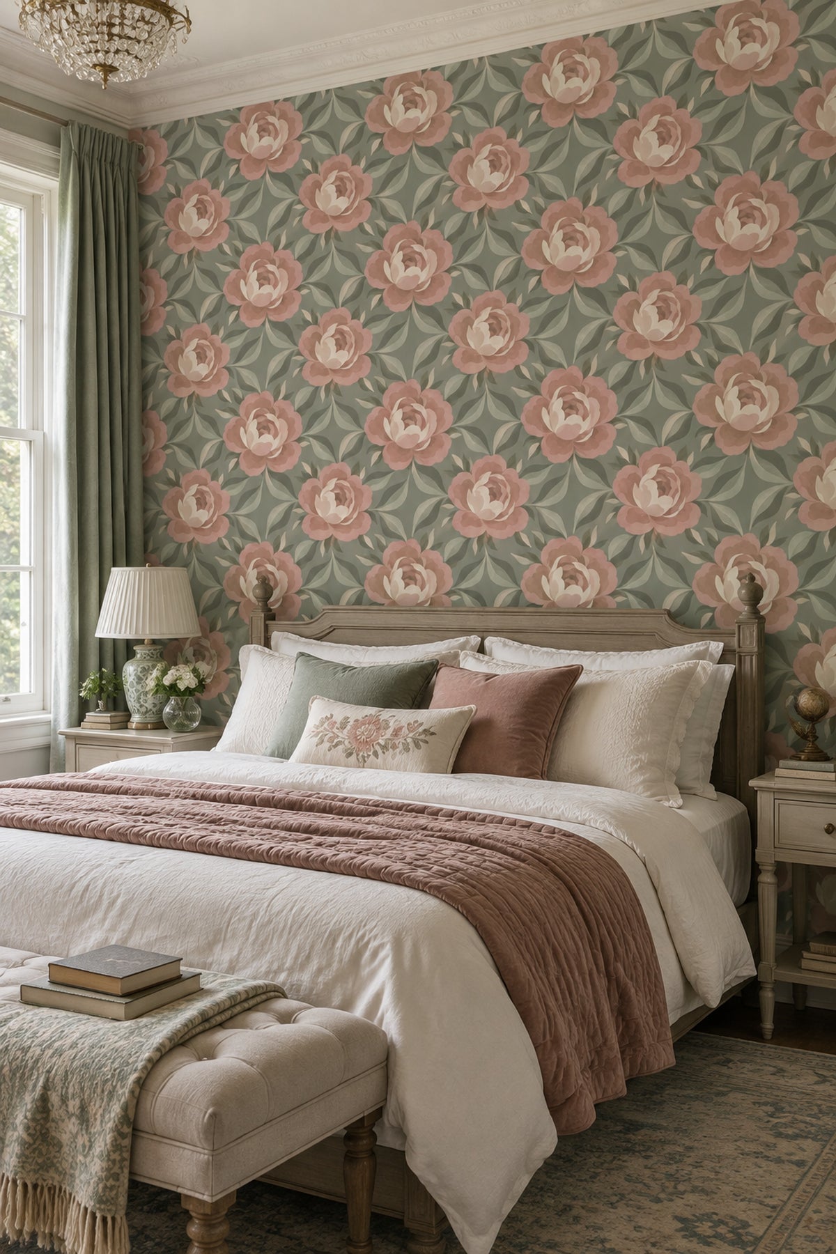 Rose And Peony Wallpaper Sage Green Blush Pink Pattern