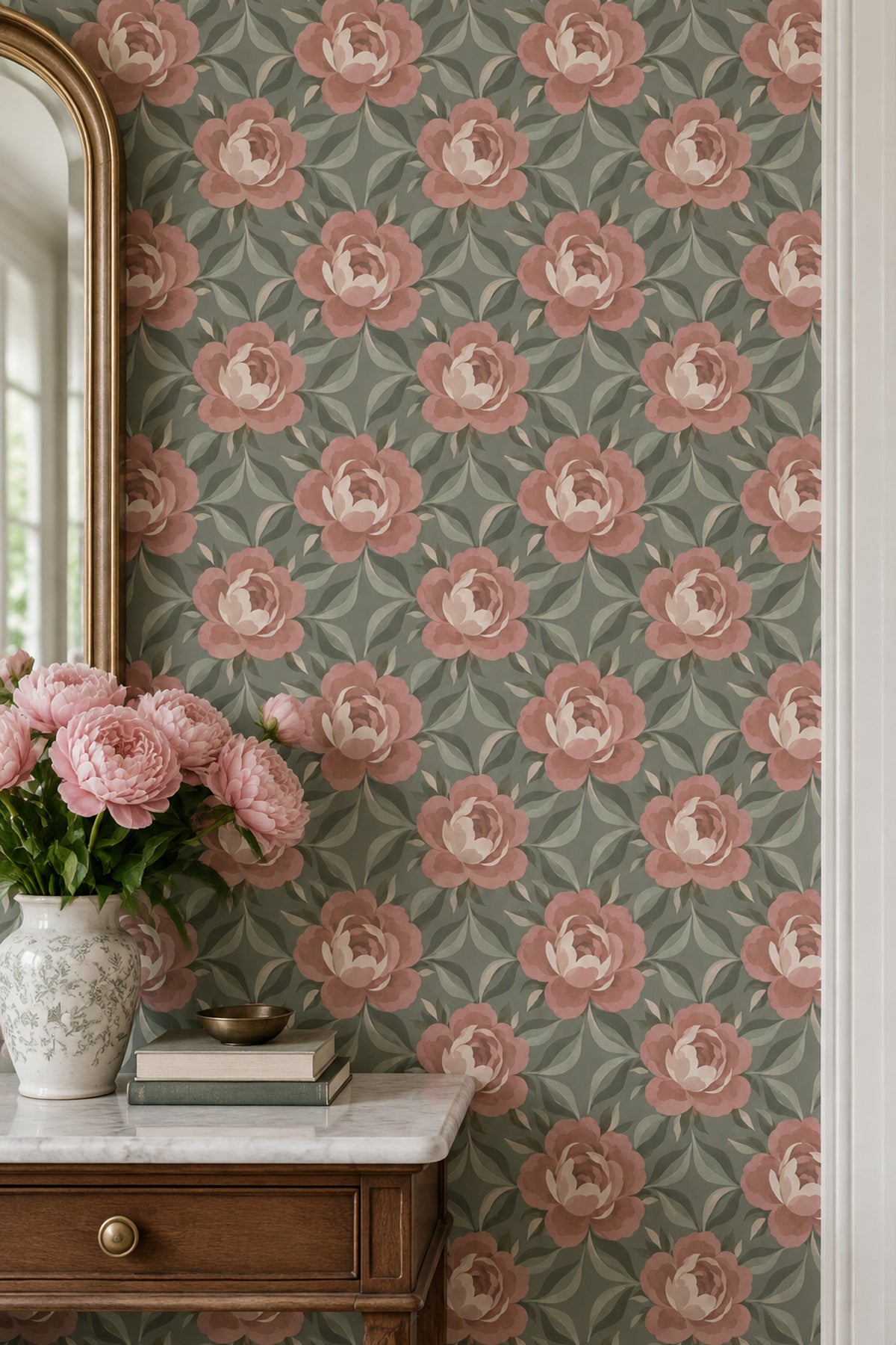 Rose And Peony Wallpaper Sage Green Blush Pink Pattern