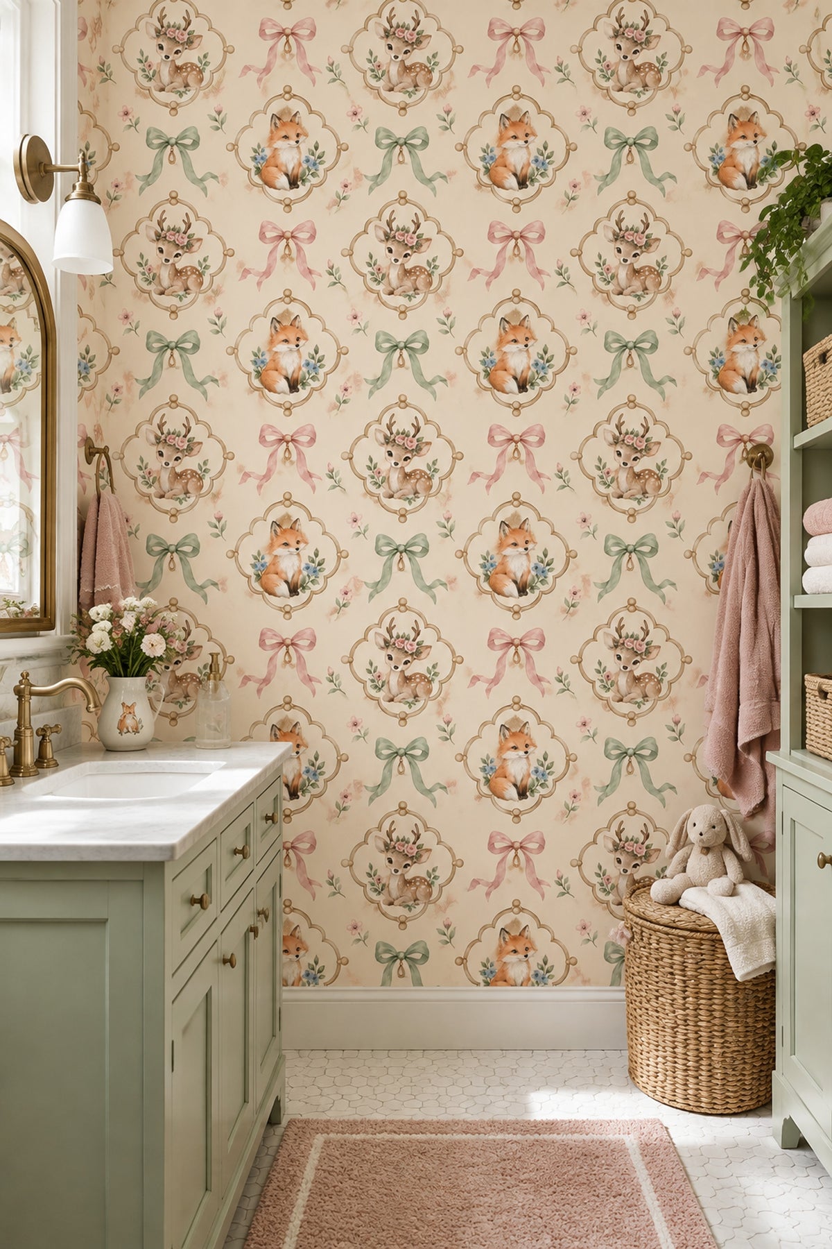Woodland Animals Wallpaper Watercolor Medallion Pattern On Cream Background