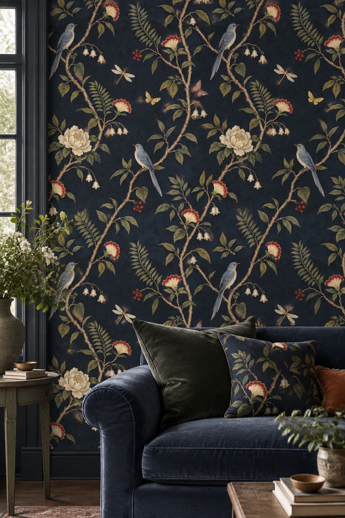 Birds And Botanicals Wallpaper Dark Navy Chinoiserie Floral