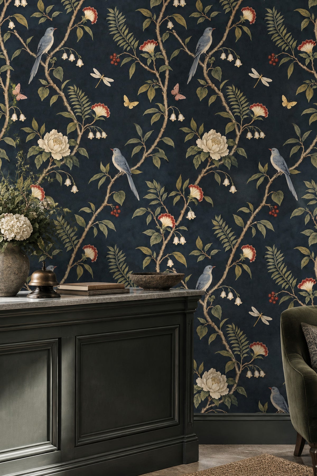Birds And Botanicals Wallpaper Dark Navy Chinoiserie Floral
