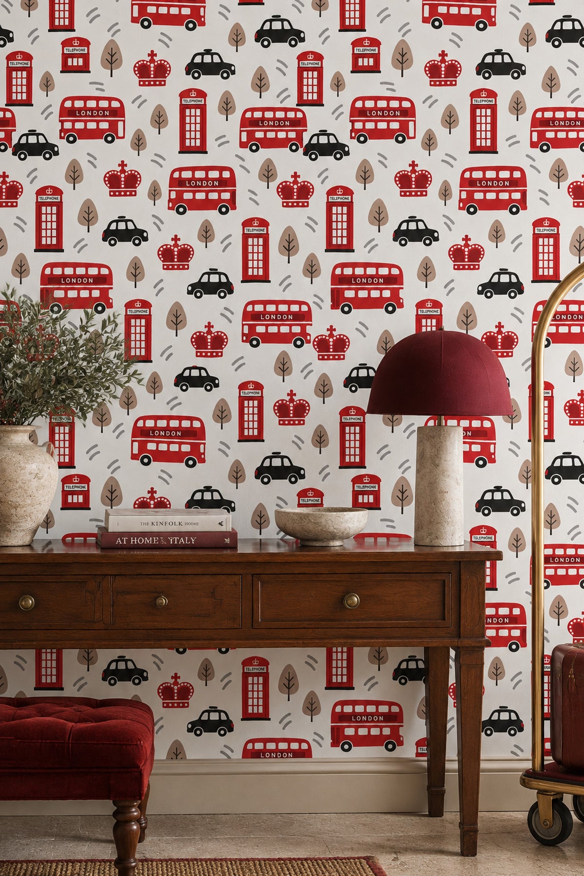 London Icons Wallpaper Red Buses And Phone Booth Pattern