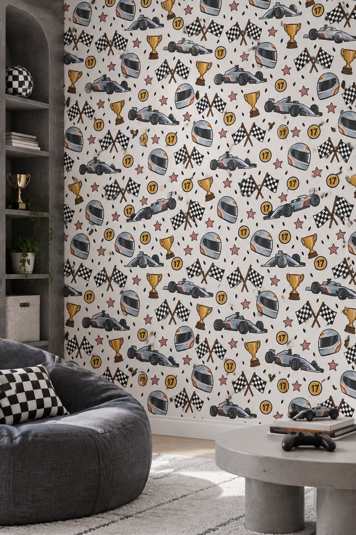 Race Car Wallpaper White Background Kids Pattern