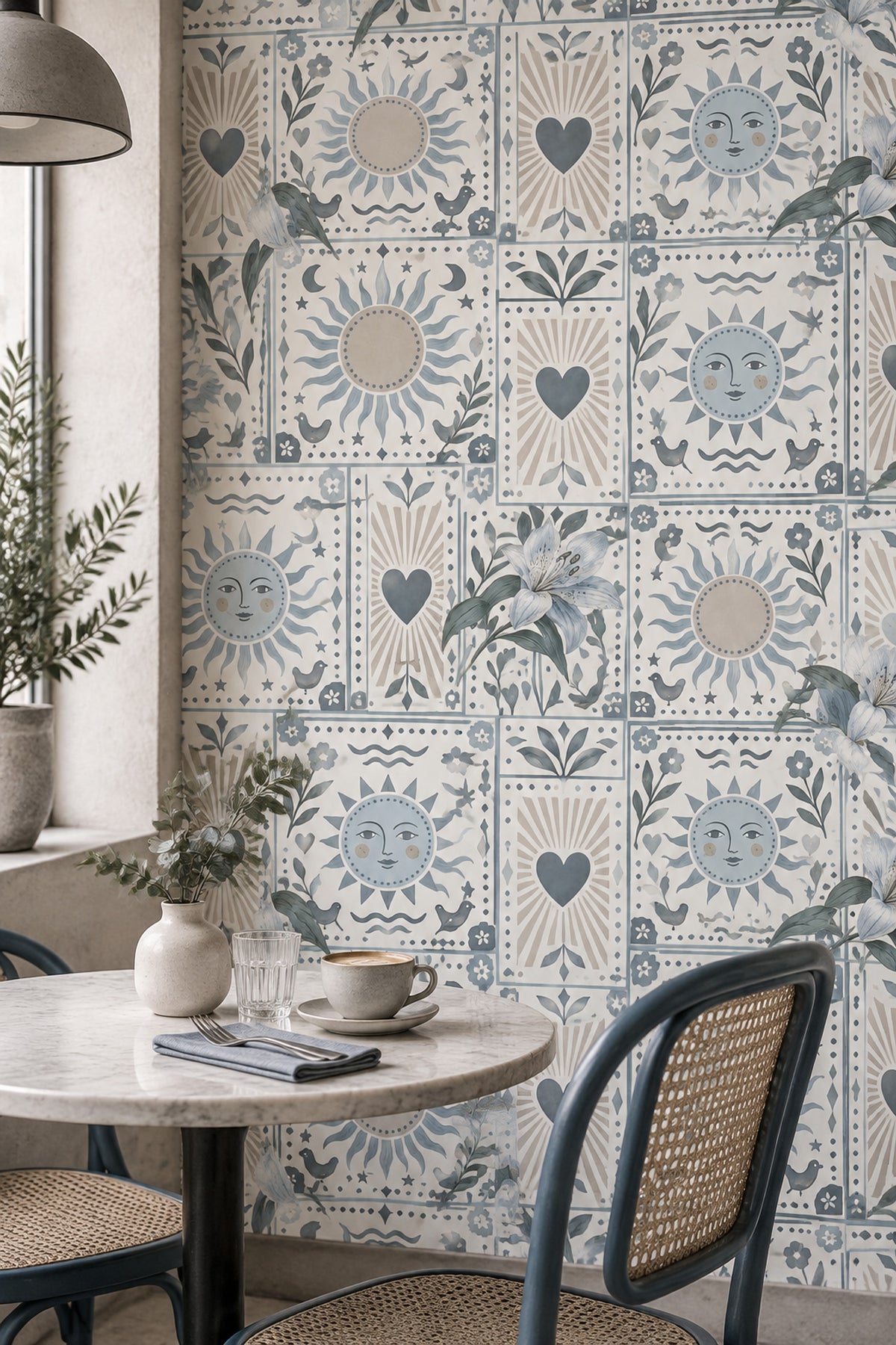 Lily Sun And Moon Wallpaper Folk Art Tile Pattern
