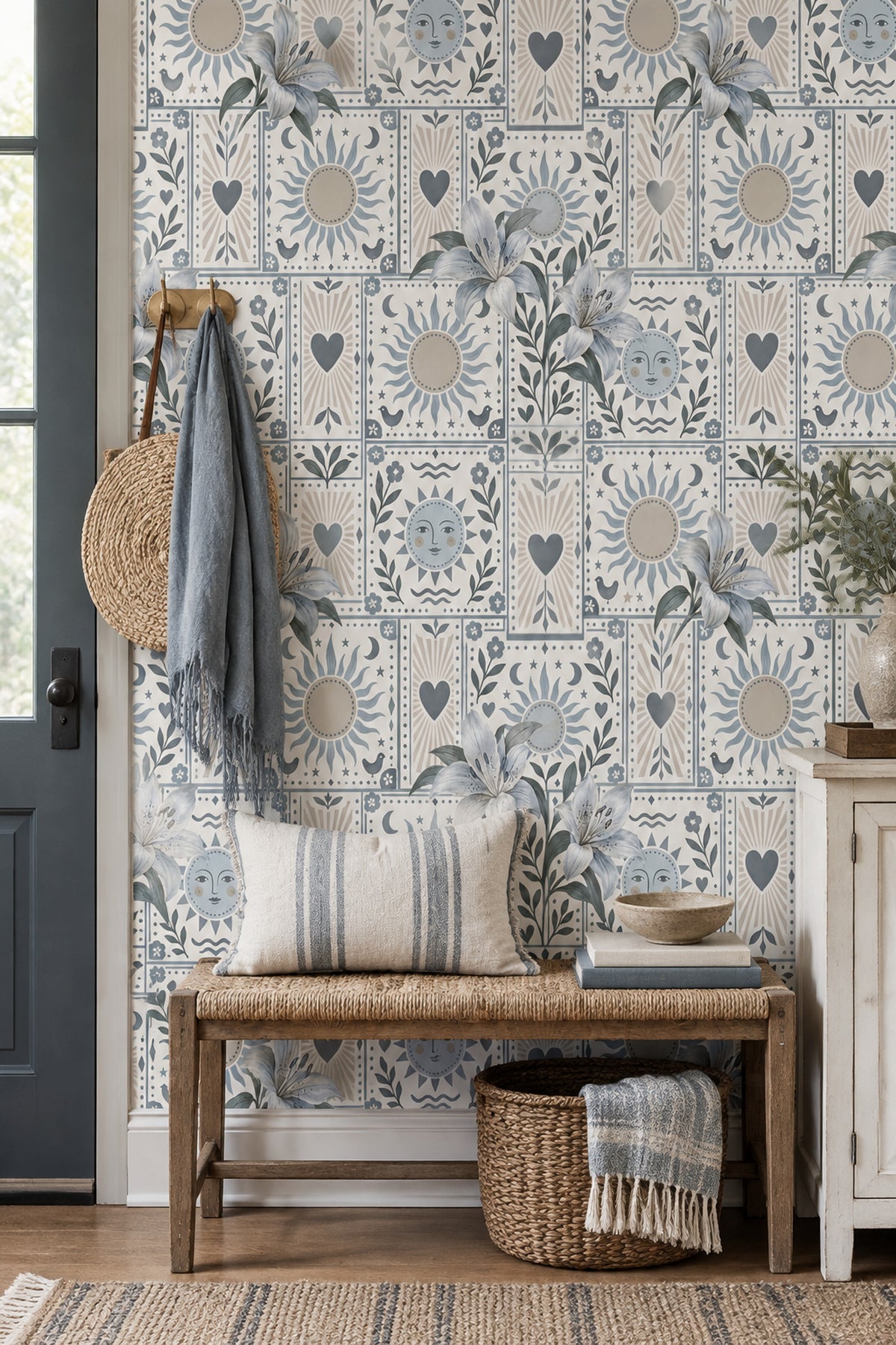 Lily Sun And Moon Wallpaper Folk Art Tile Pattern
