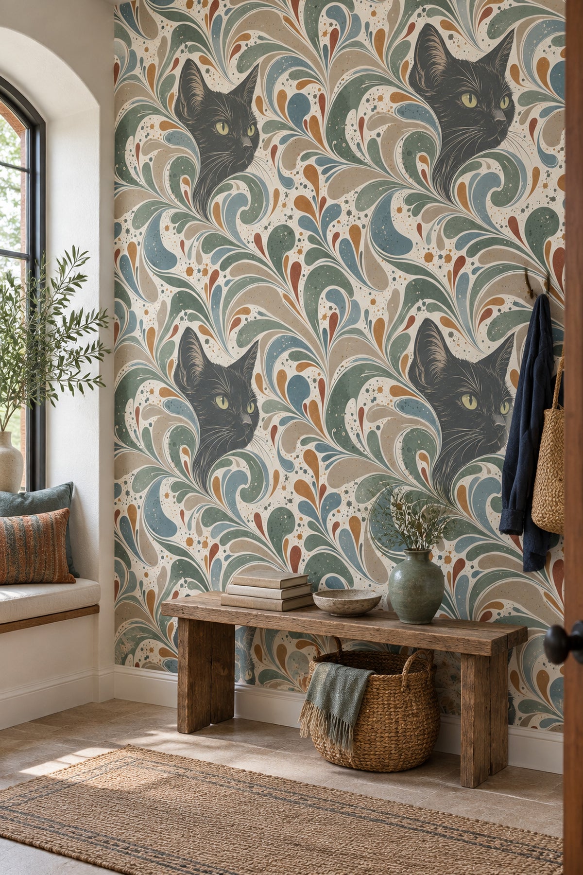 Black Cat Wallpaper Paisley Swirls On Cream Background