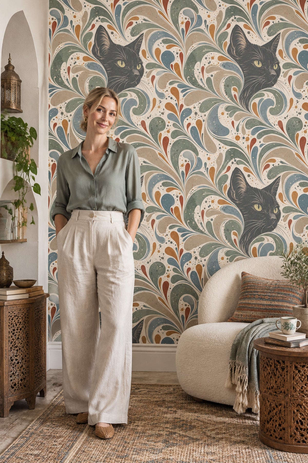 Black Cat Wallpaper Paisley Swirls On Cream Background
